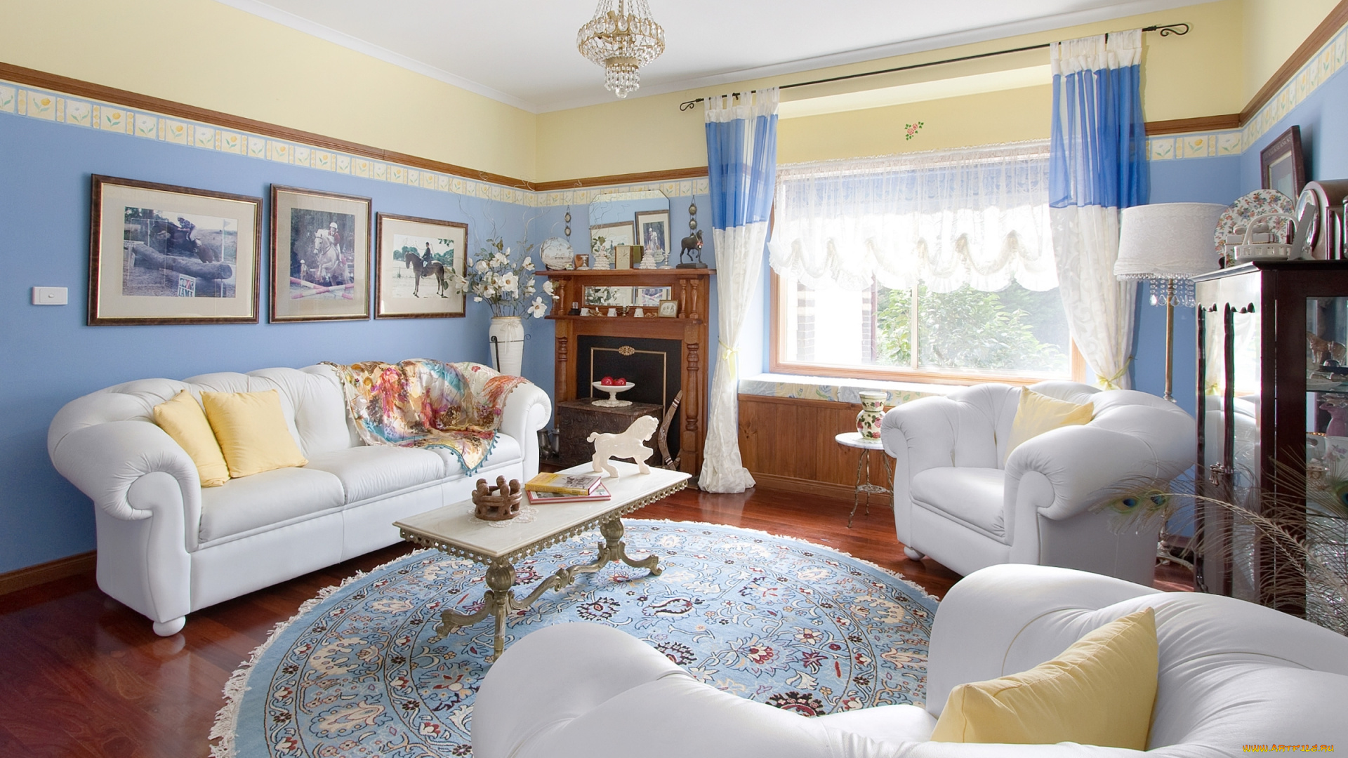 интерьер, гостиная, картины, стол, диваны, ковер, декор, шторы