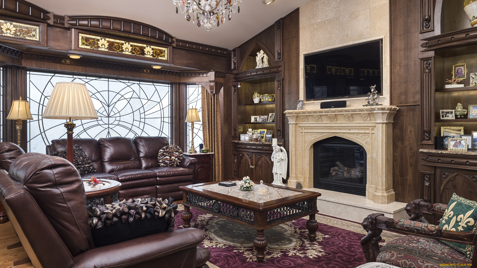 интерьер, гостиная, ковер, дерево, столик, кресло, диван, лампа, камин, декор, стиль, дизайн