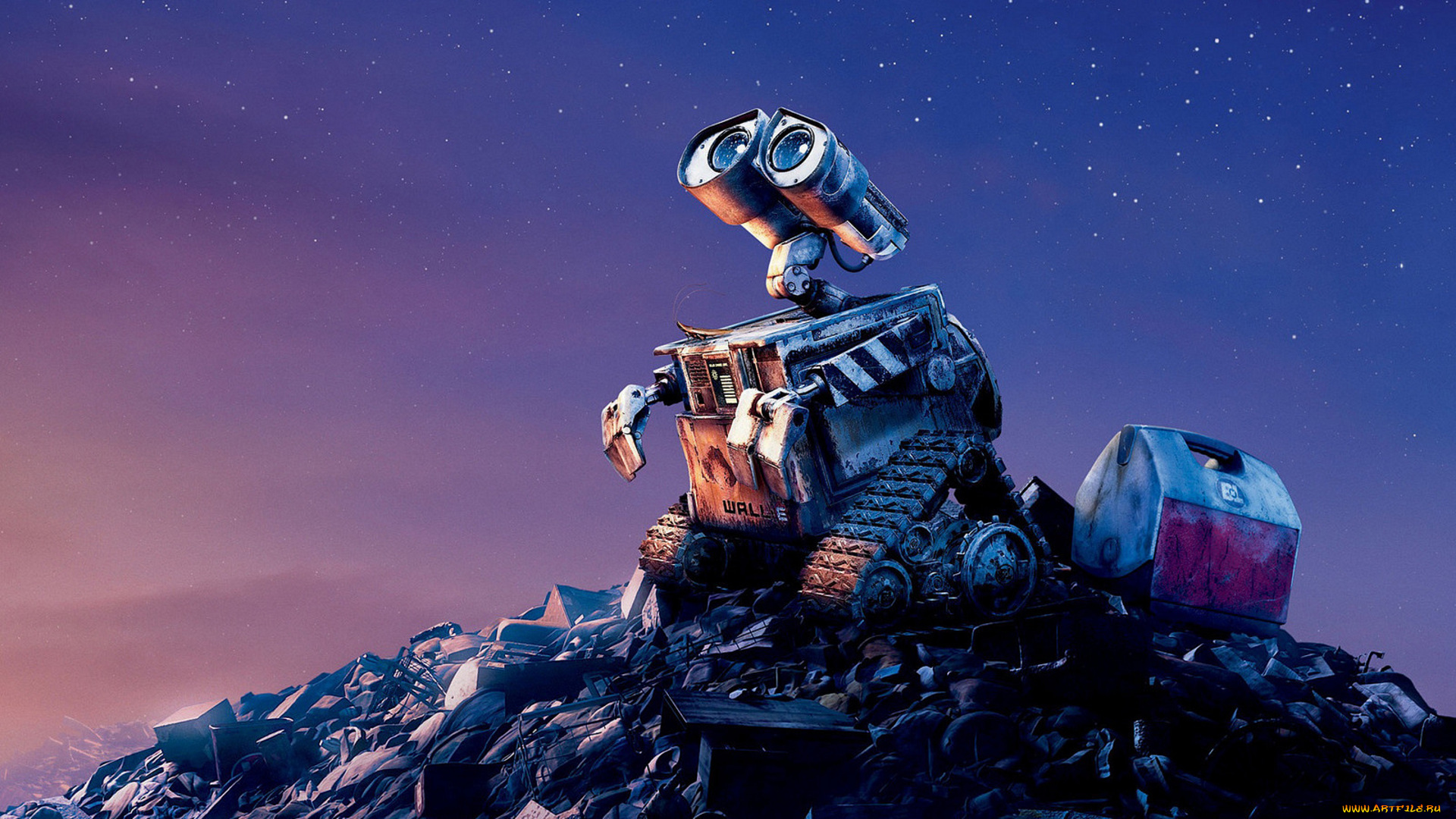 мультфильмы, wall-e, гора, мусор, свалка, звезды, небо, мечта, робот