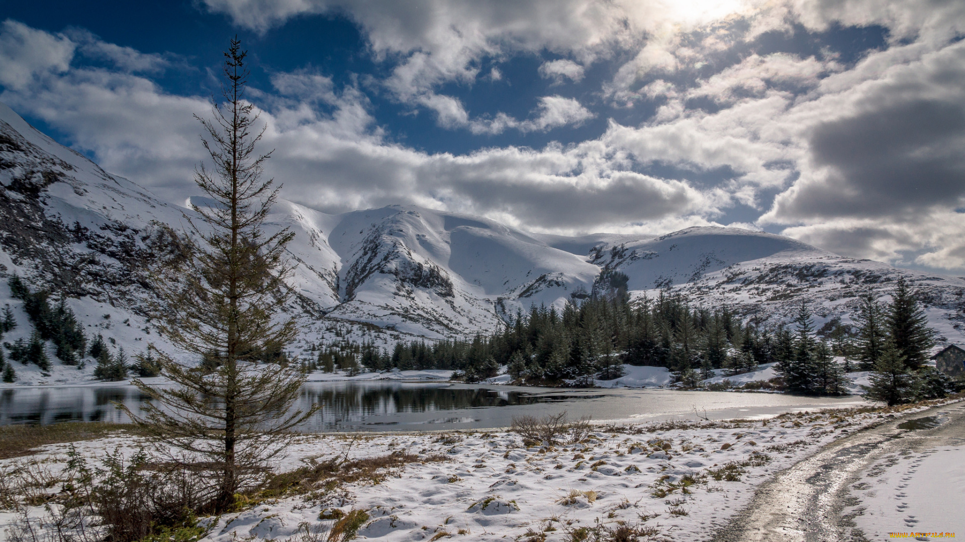природа, реки, озера, горы, небо, лес, деревья, река, зима, снег