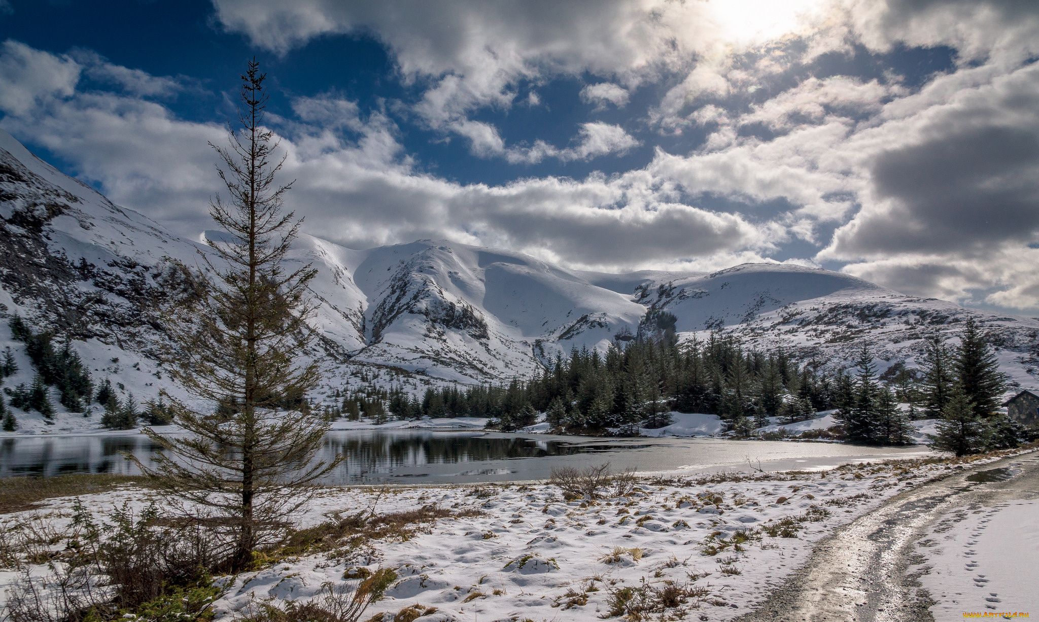 природа, реки, озера, горы, небо, лес, деревья, река, зима, снег