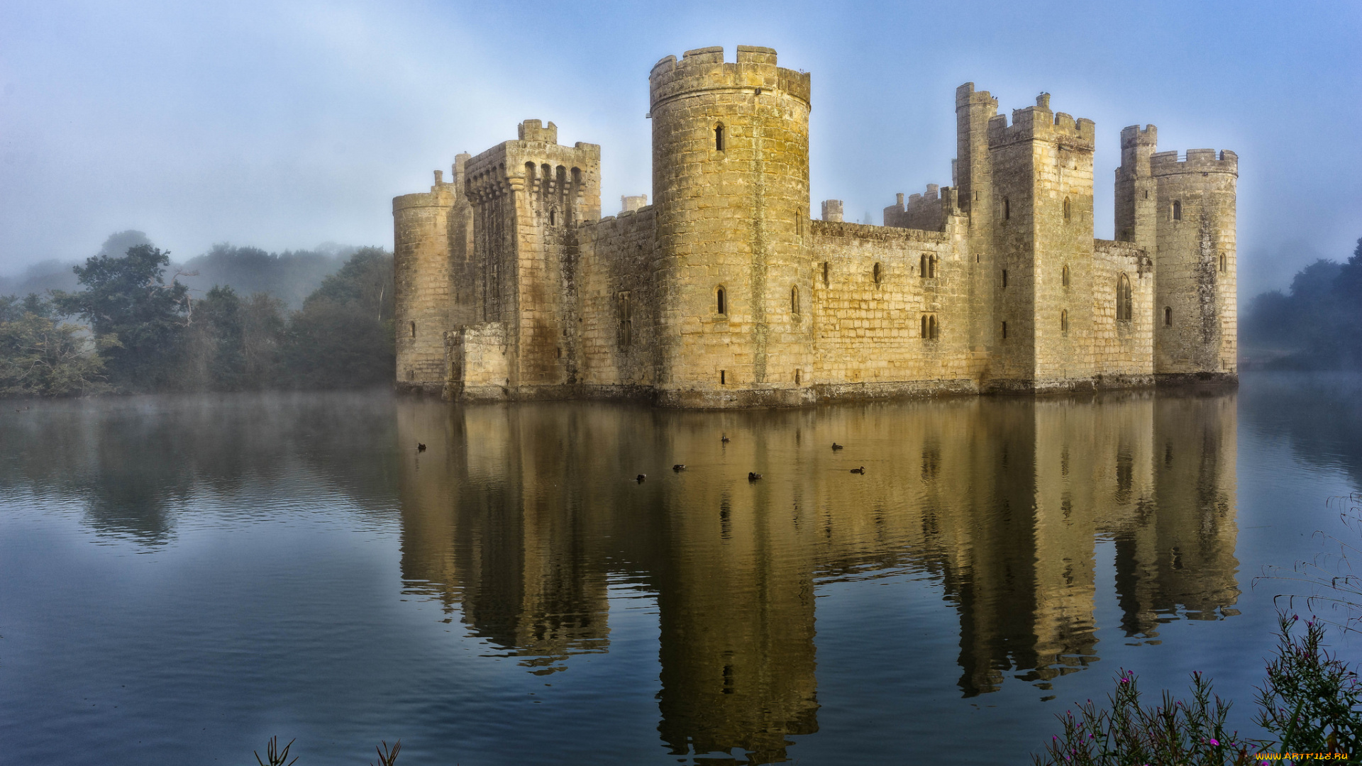 bodiam, castle, города, замки, англии, озеро, замок