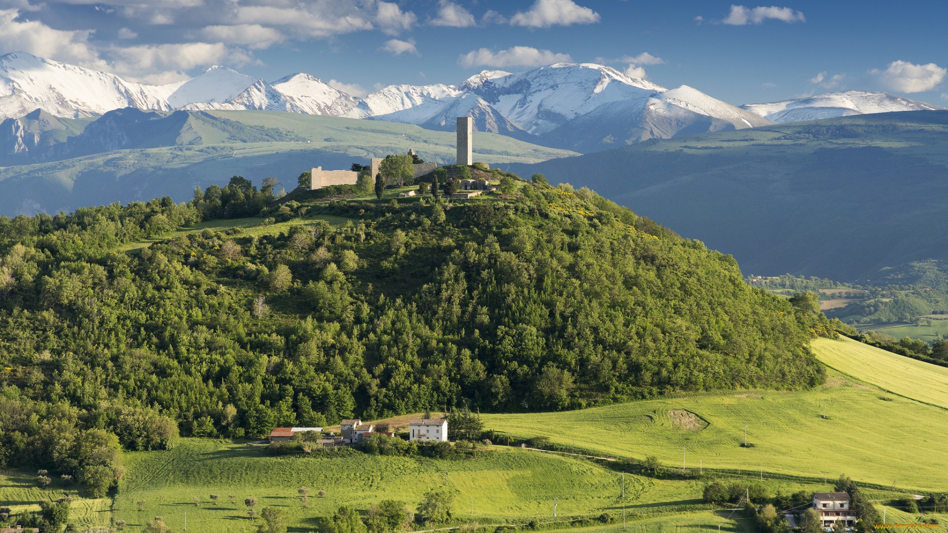 города, -, пейзажи, горы, италия, марке, небо, долина, облака, castello, di, pitino