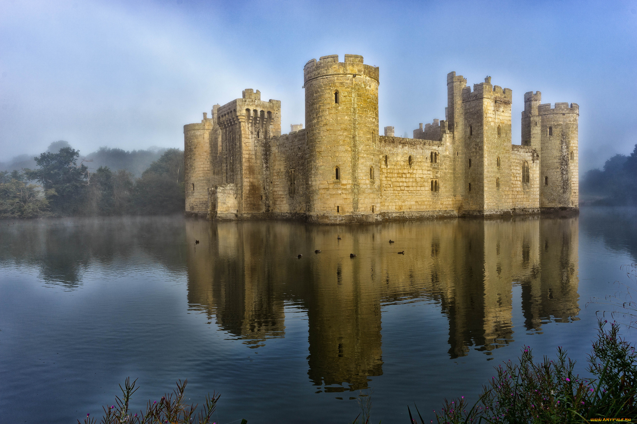 bodiam, castle, города, замки, англии, озеро, замок