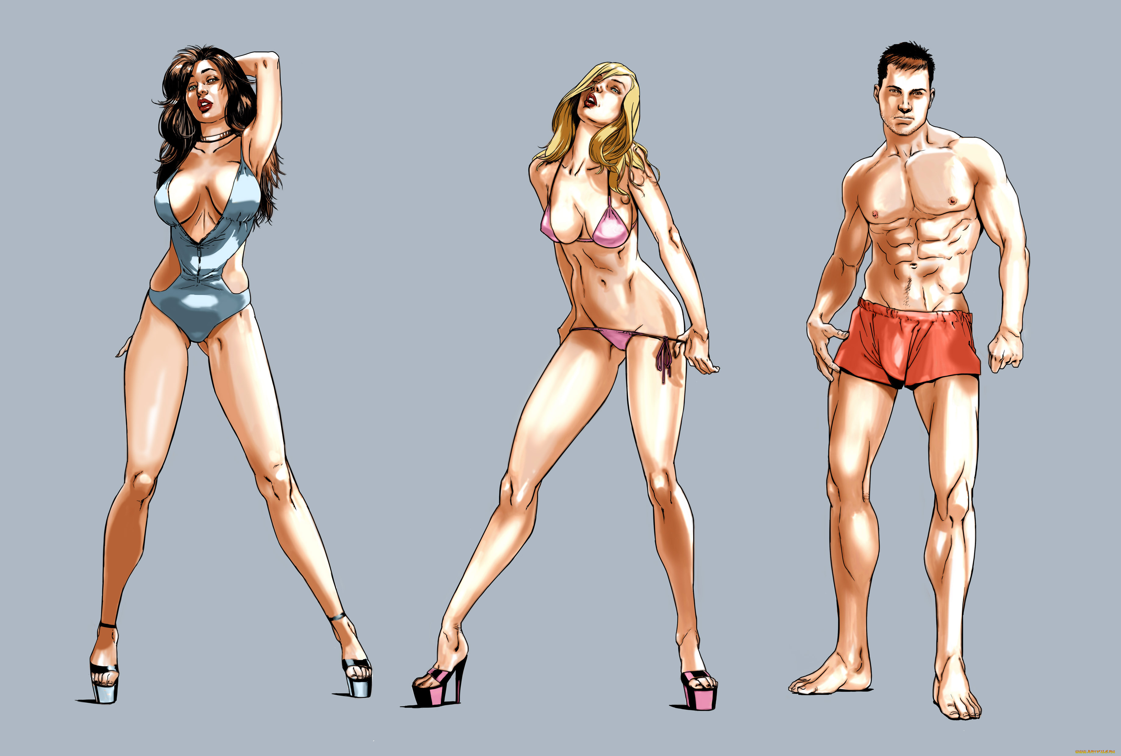 рисованное, люди, мужчина, девушки, фон, взгляд, купальник