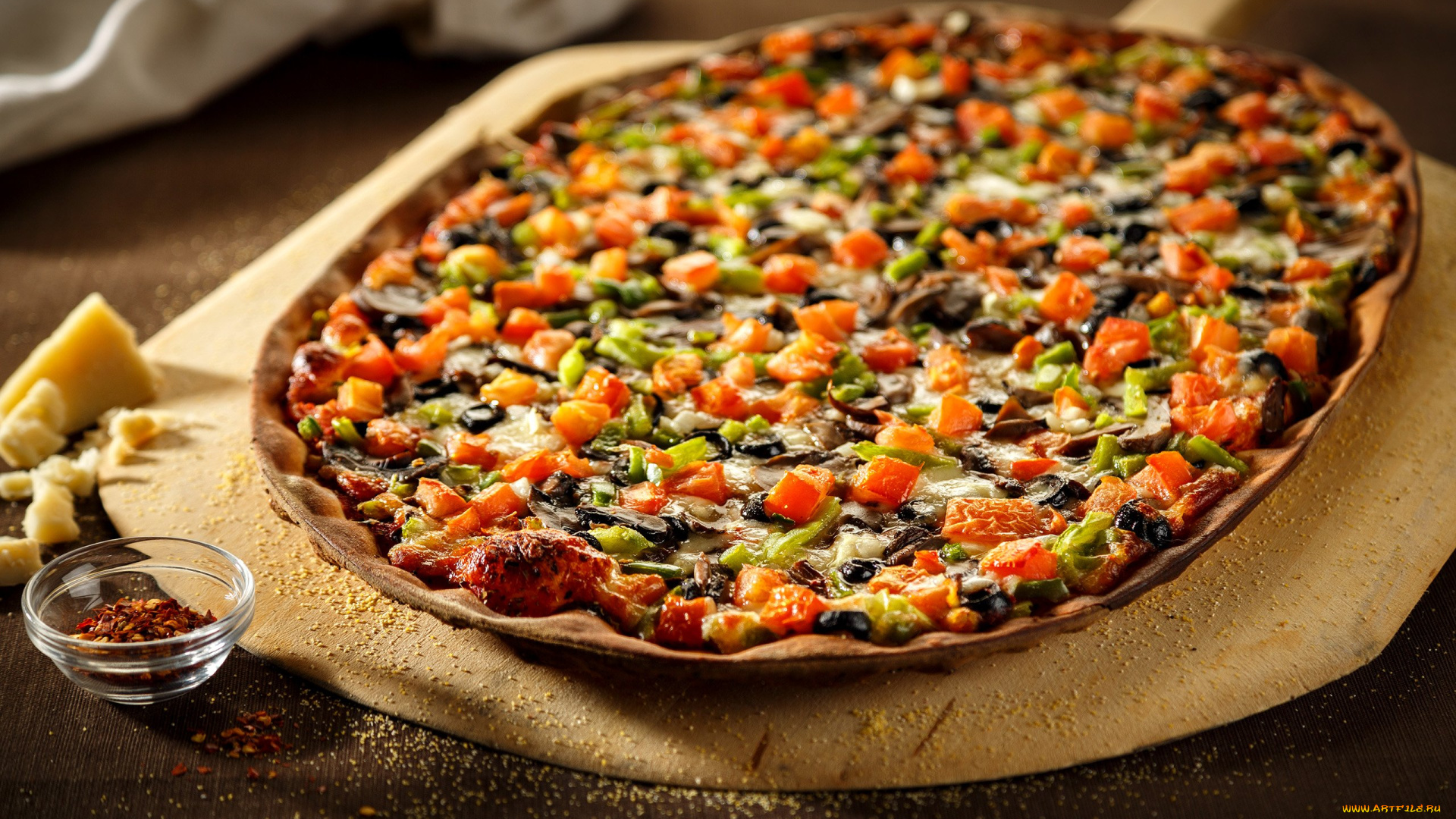 еда, пицца, сыр, помидоры