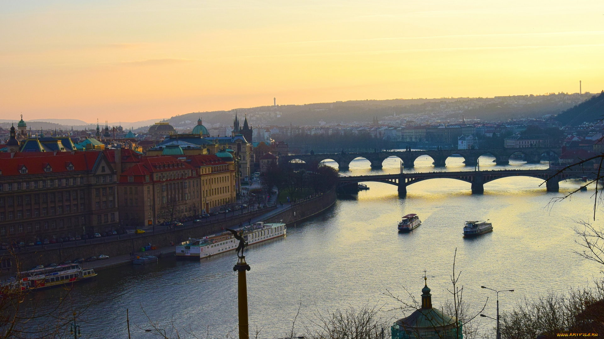 города, прага, , Чехия, река, здания, теплоход, мост
