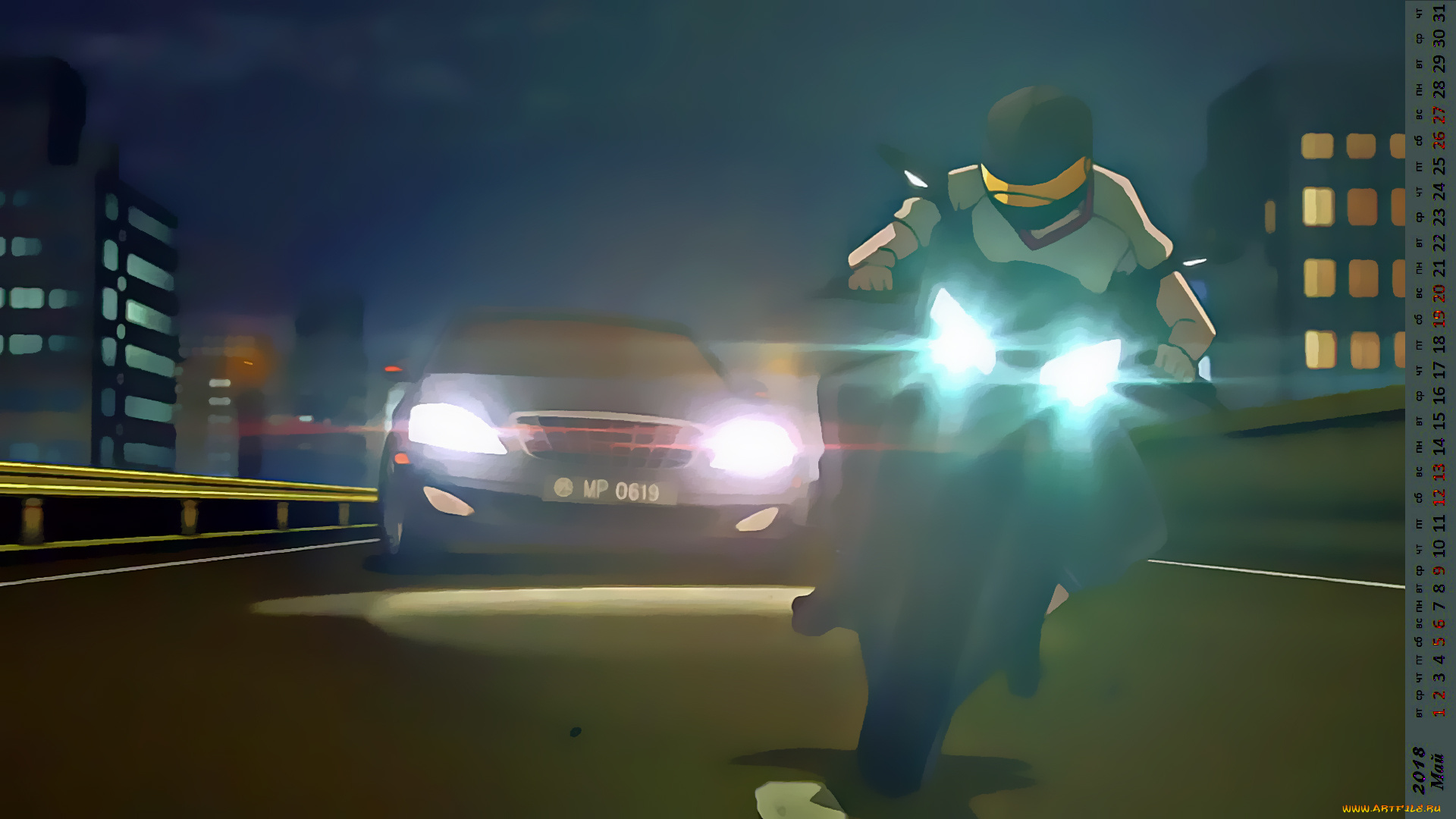 календари, аниме, байкер, погоня, огни, машина