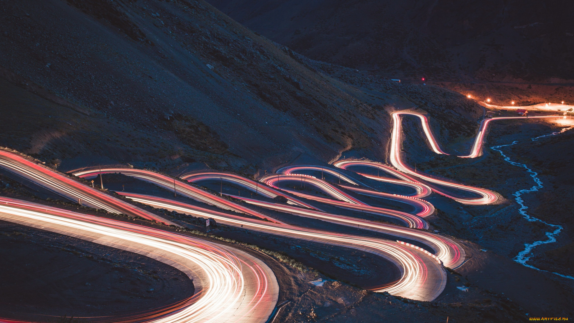 природа, дороги, огни, дорога, ночь, гора