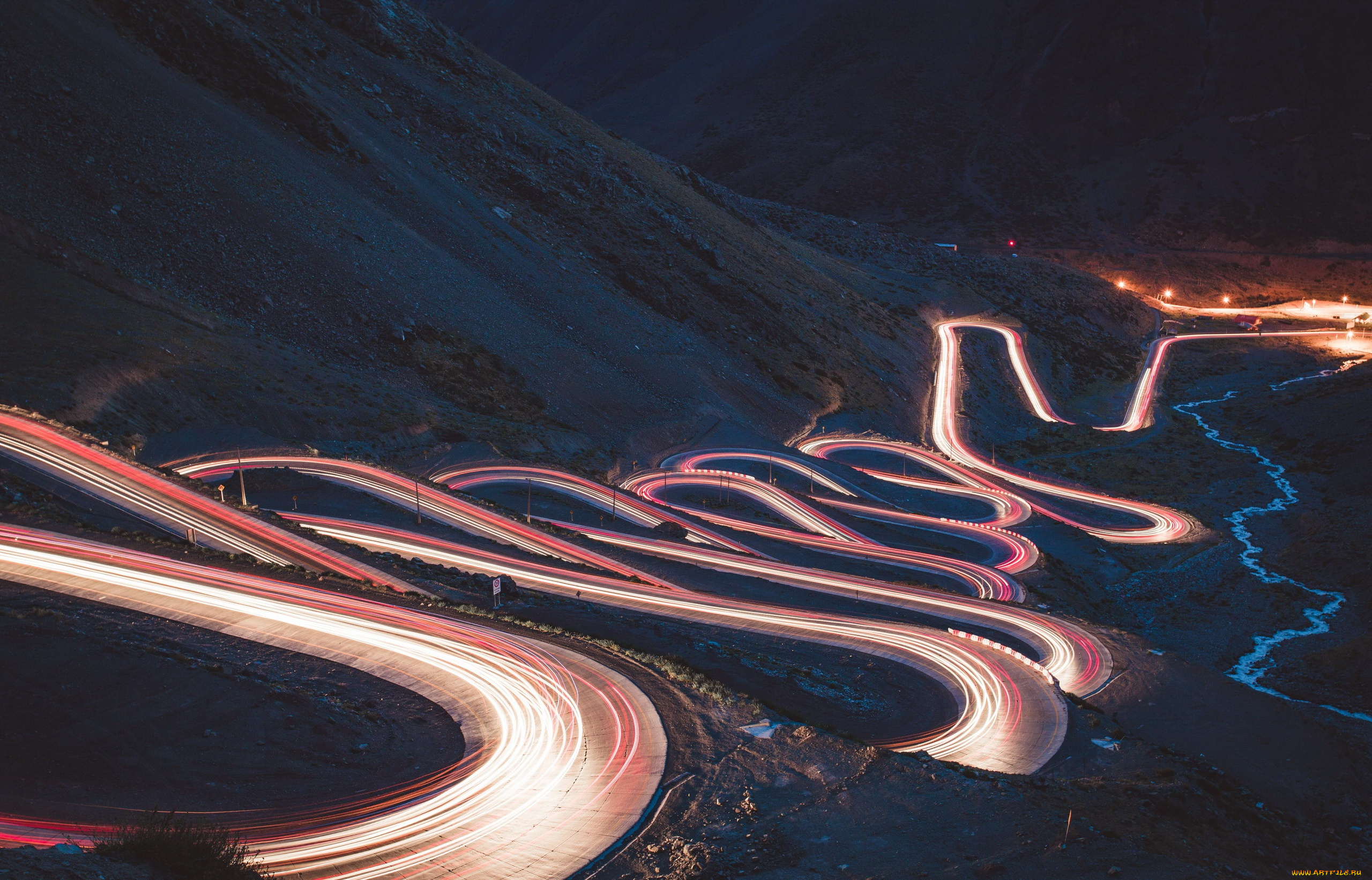 природа, дороги, огни, дорога, ночь, гора