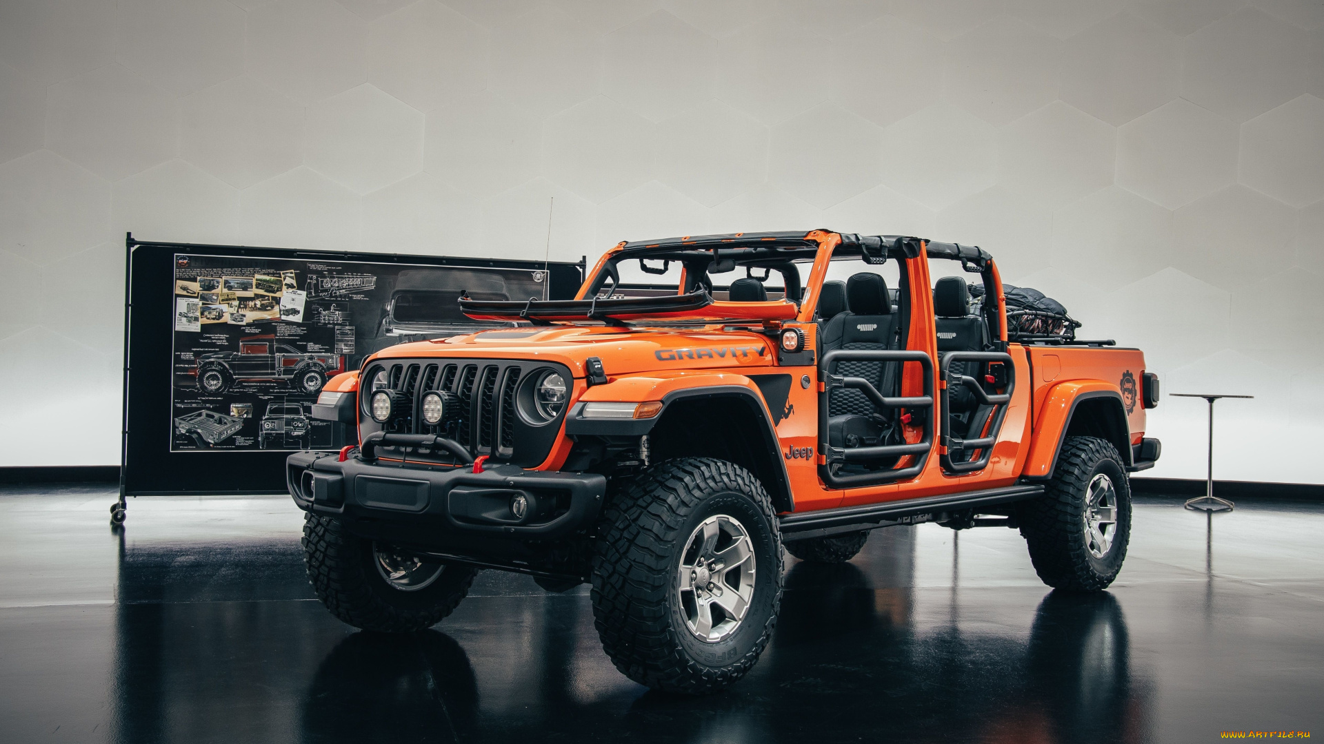 автомобили, jeep, gladiator, gravity, джип, стенд, оранжевый