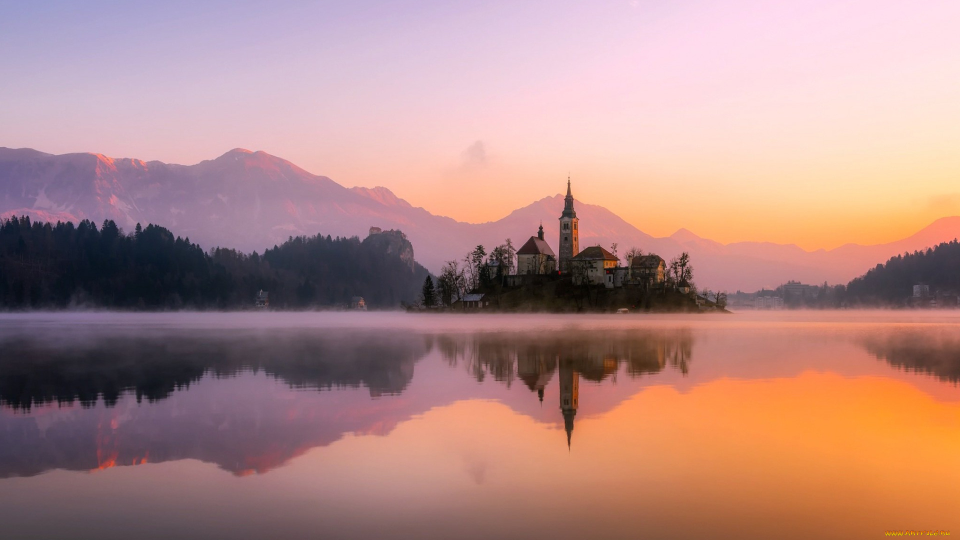 города, блед, , словения, озеро, остров, туман