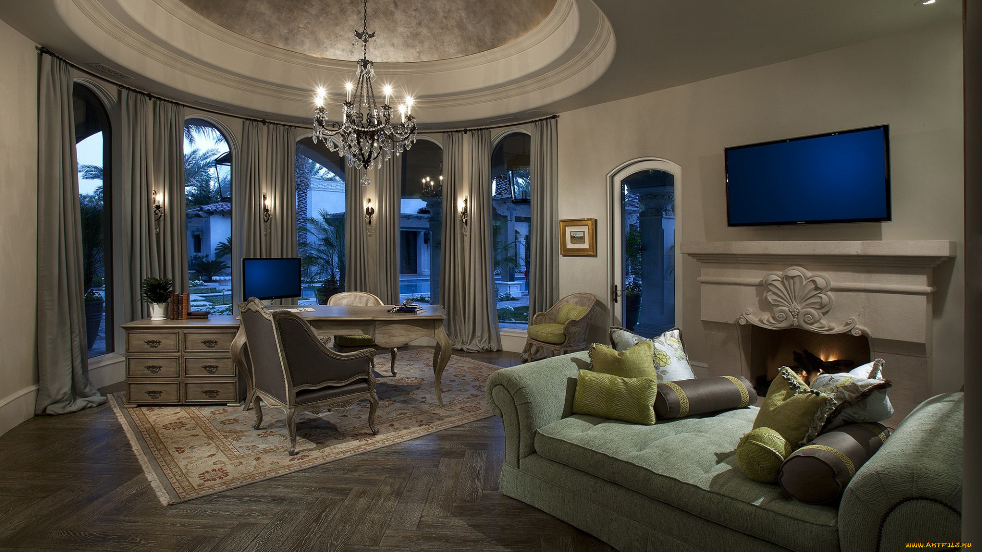 интерьер, гостиная, камин, телевизор