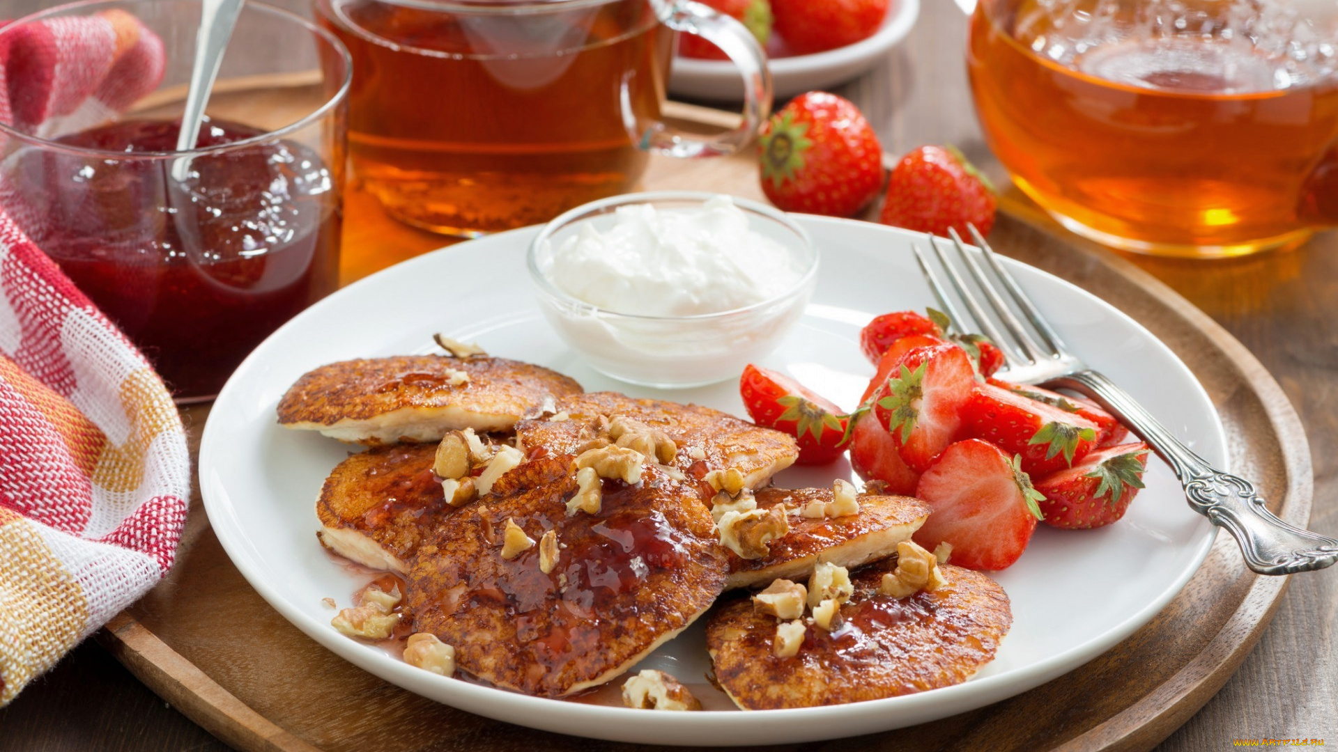 еда, блины, , оладьи, чай, варенье, оладьи, клубника