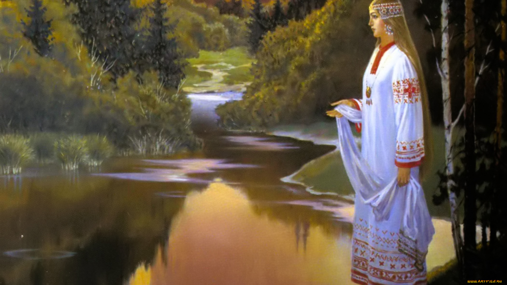 ольга, у, реки, рисованное, борис, ольшанский, ольга, река, лес