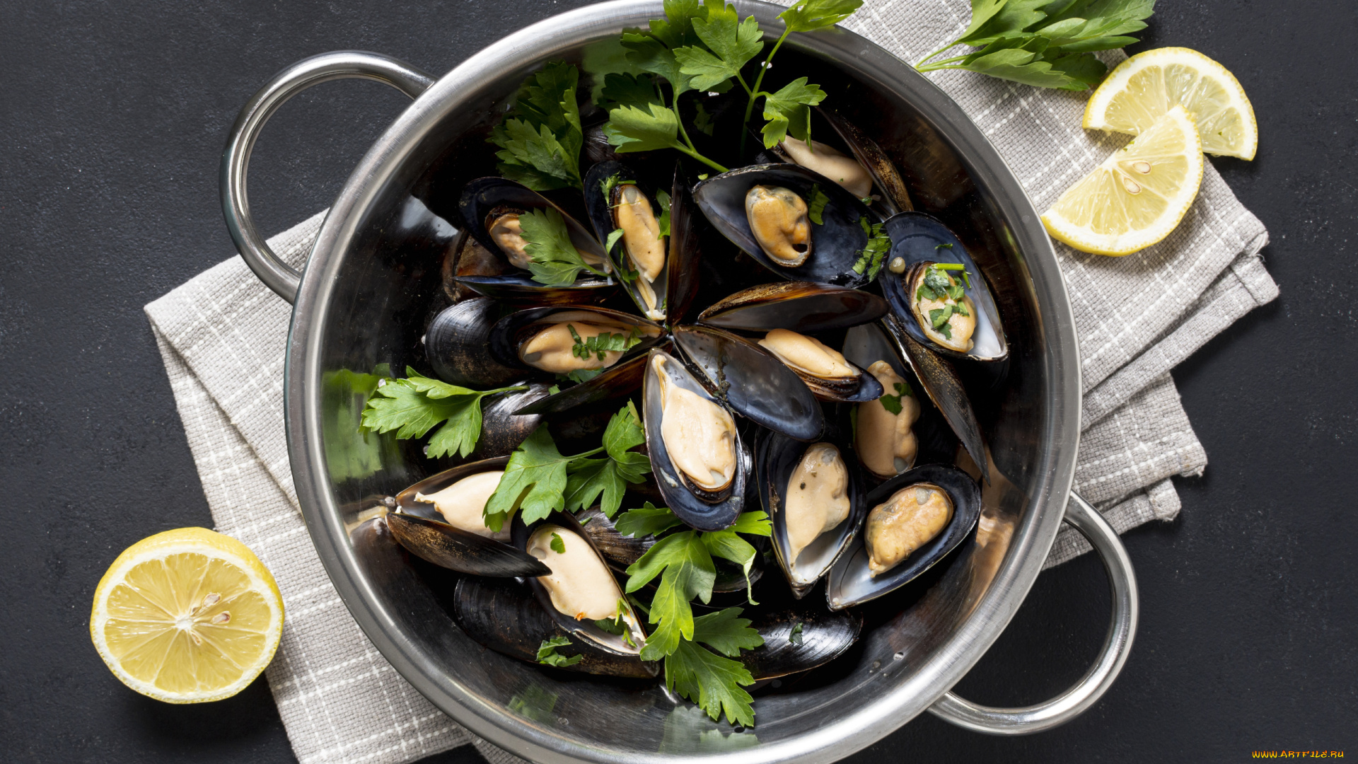 еда, рыбные, блюда, , с, морепродуктами, лимон, мидии, петрушка