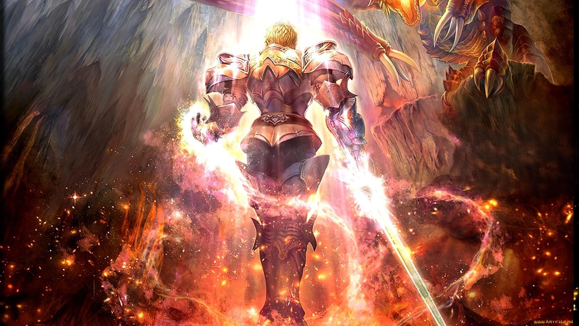 видео, игры, lineage, ii, , the, chaotic, chronicle, воин, меч, дракон, искры, огонь