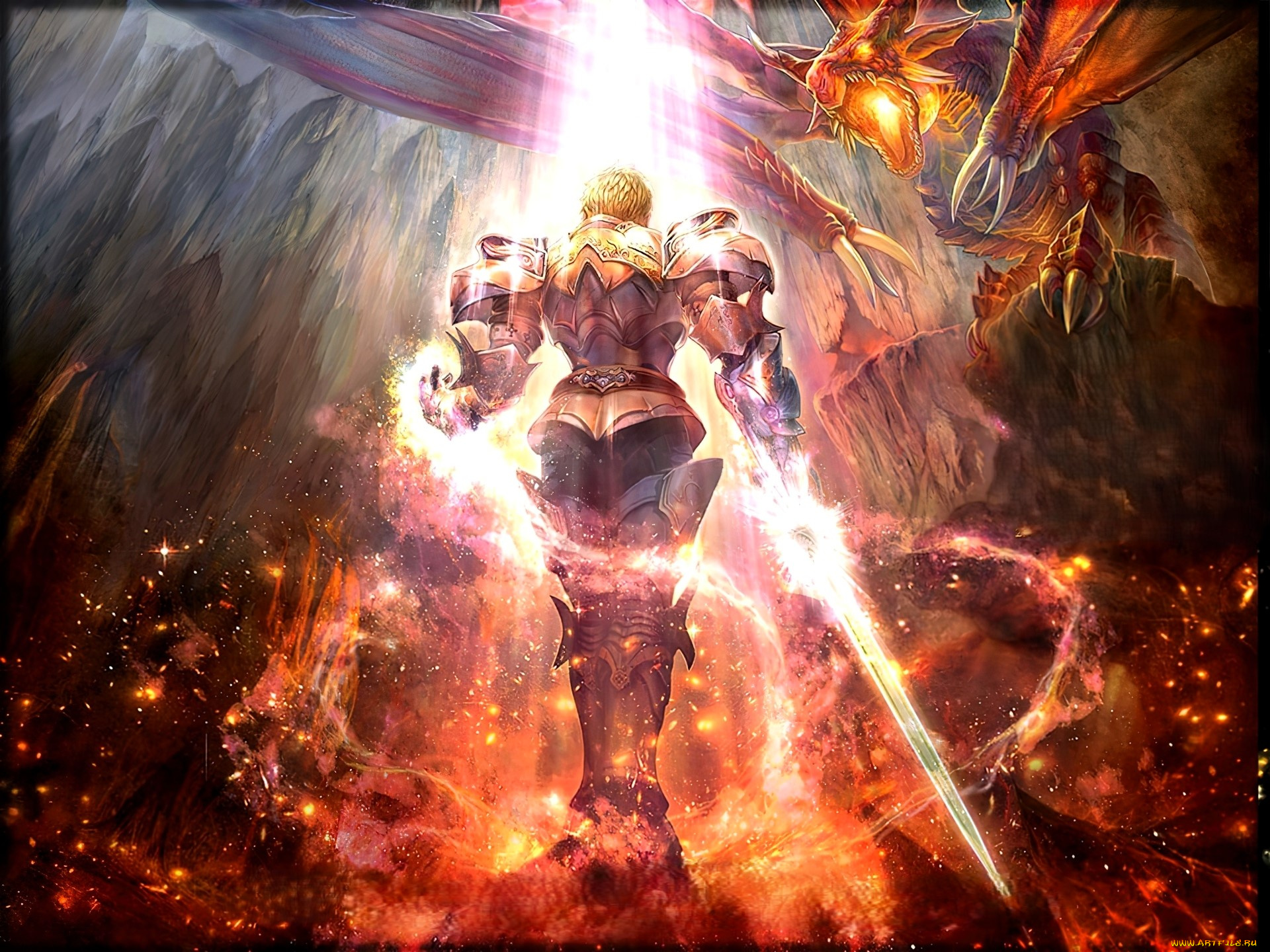 видео, игры, lineage, ii, , the, chaotic, chronicle, воин, меч, дракон, искры, огонь