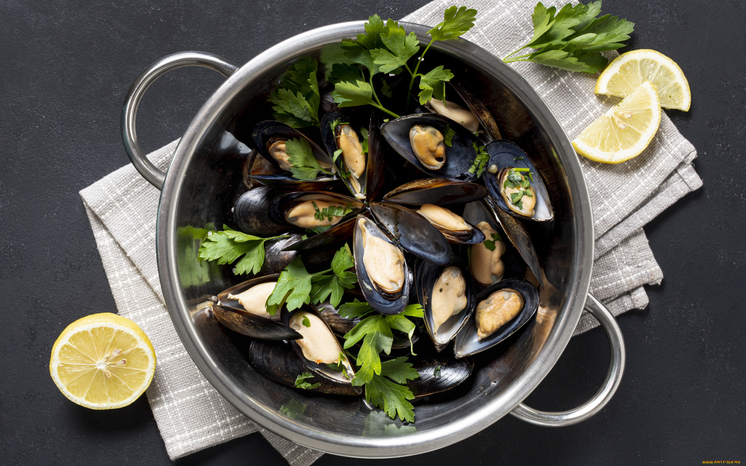 еда, рыбные, блюда, , с, морепродуктами, лимон, мидии, петрушка