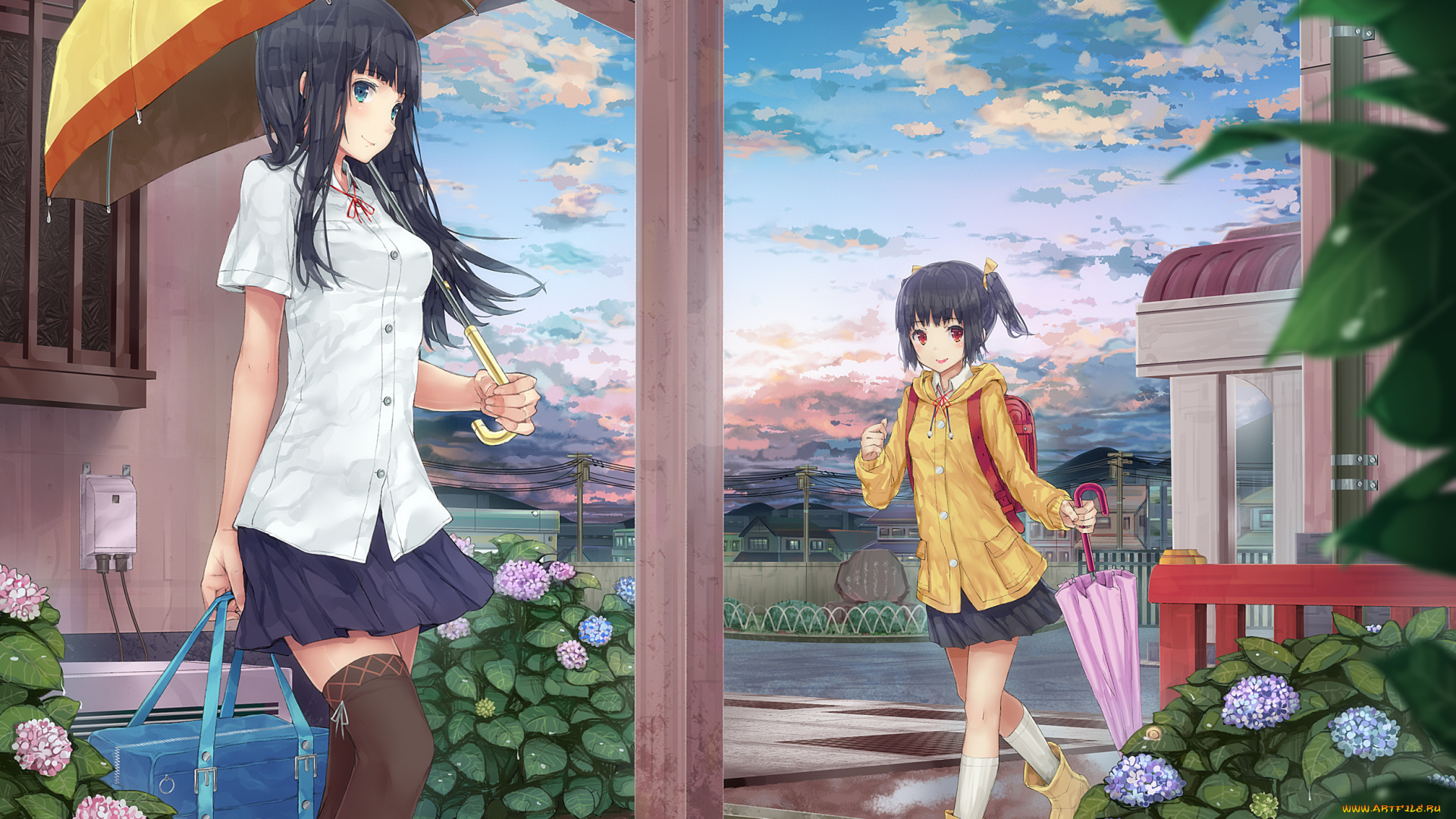 аниме, *unknown, другое, девушки, зонт, цветы