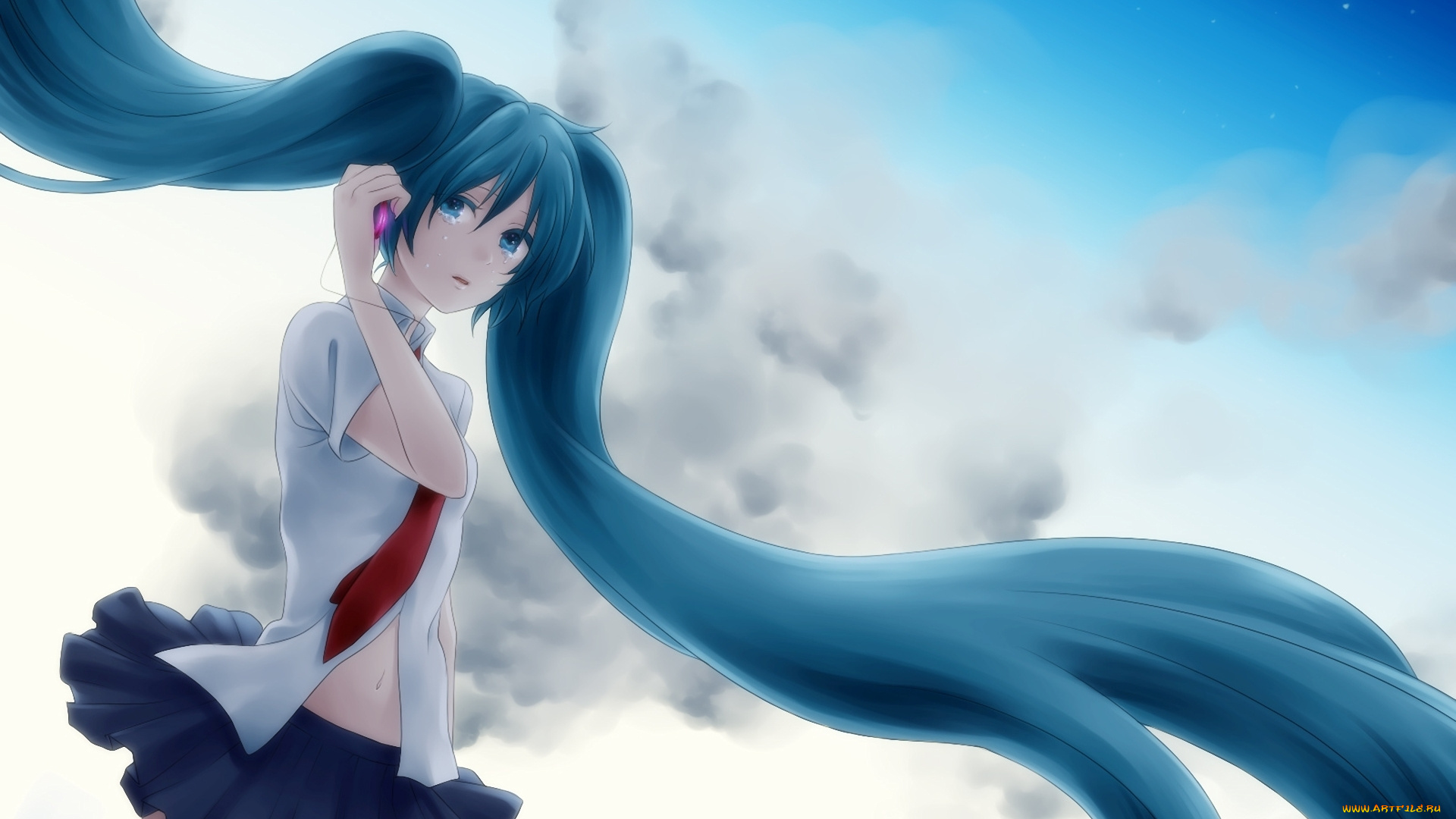 аниме, vocaloid, hatsune, miku, мобильник, вокалоид, телефон, небо, хвостики, облака, слезы