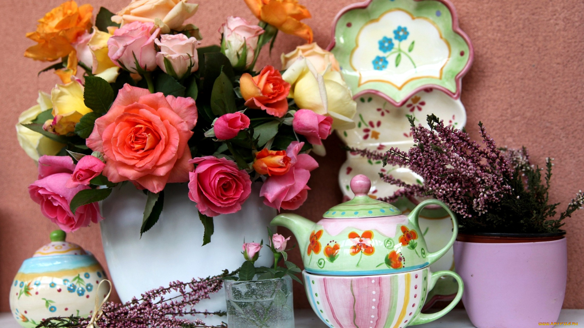 цветы, букеты, композиции, посуда, вереск, розы