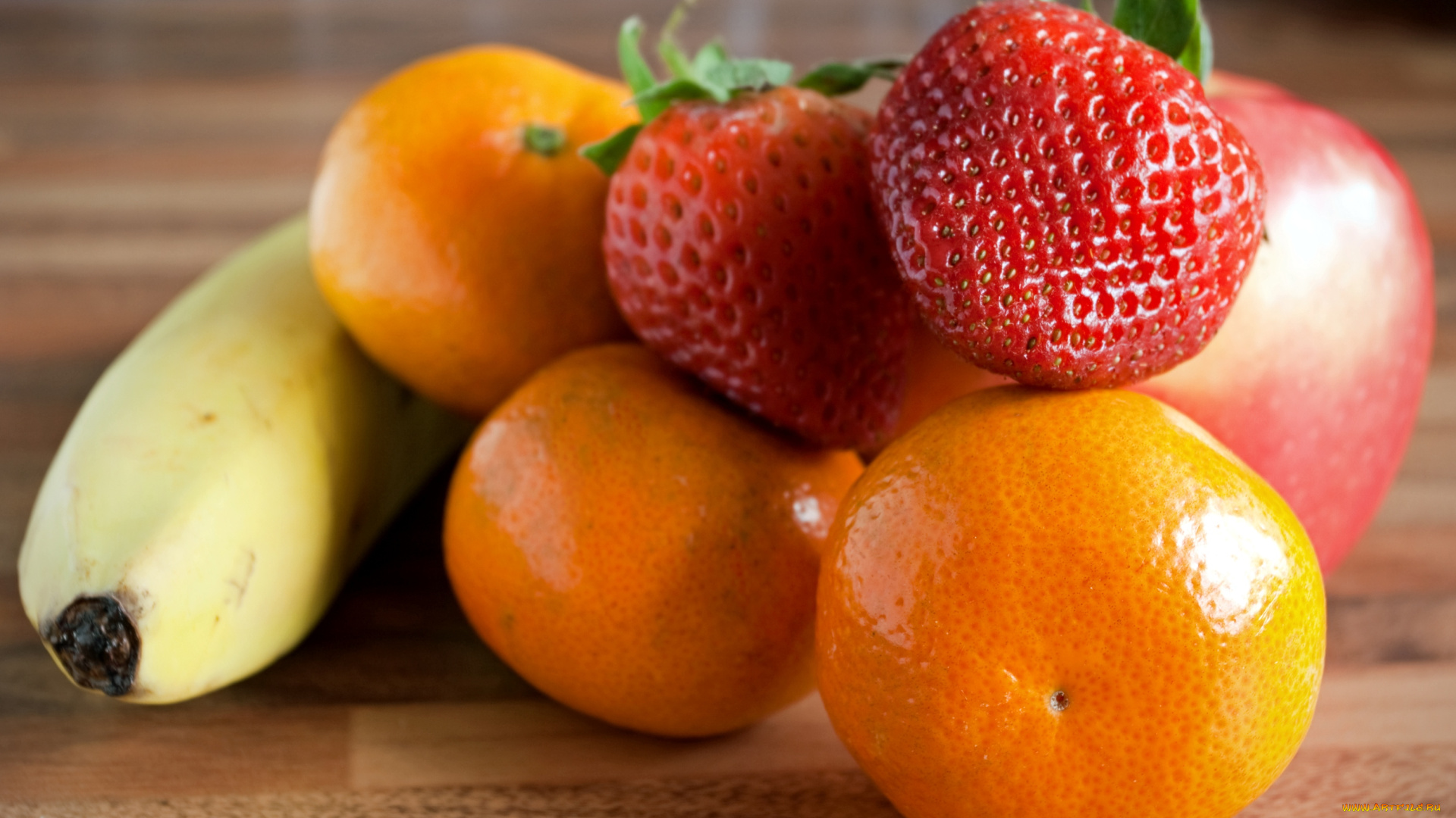 еда, фрукты, ягоды, мандарин, банан, клубника, яблоко