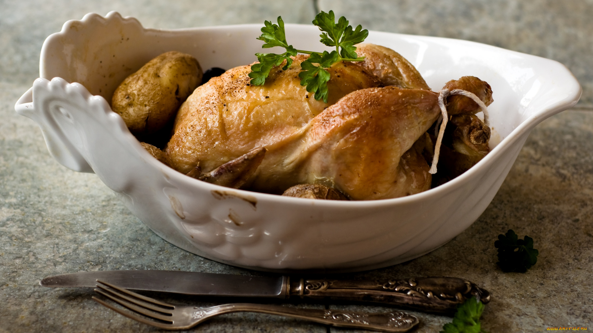 еда, мясные, блюда, курица, петрушка, вилка, нож