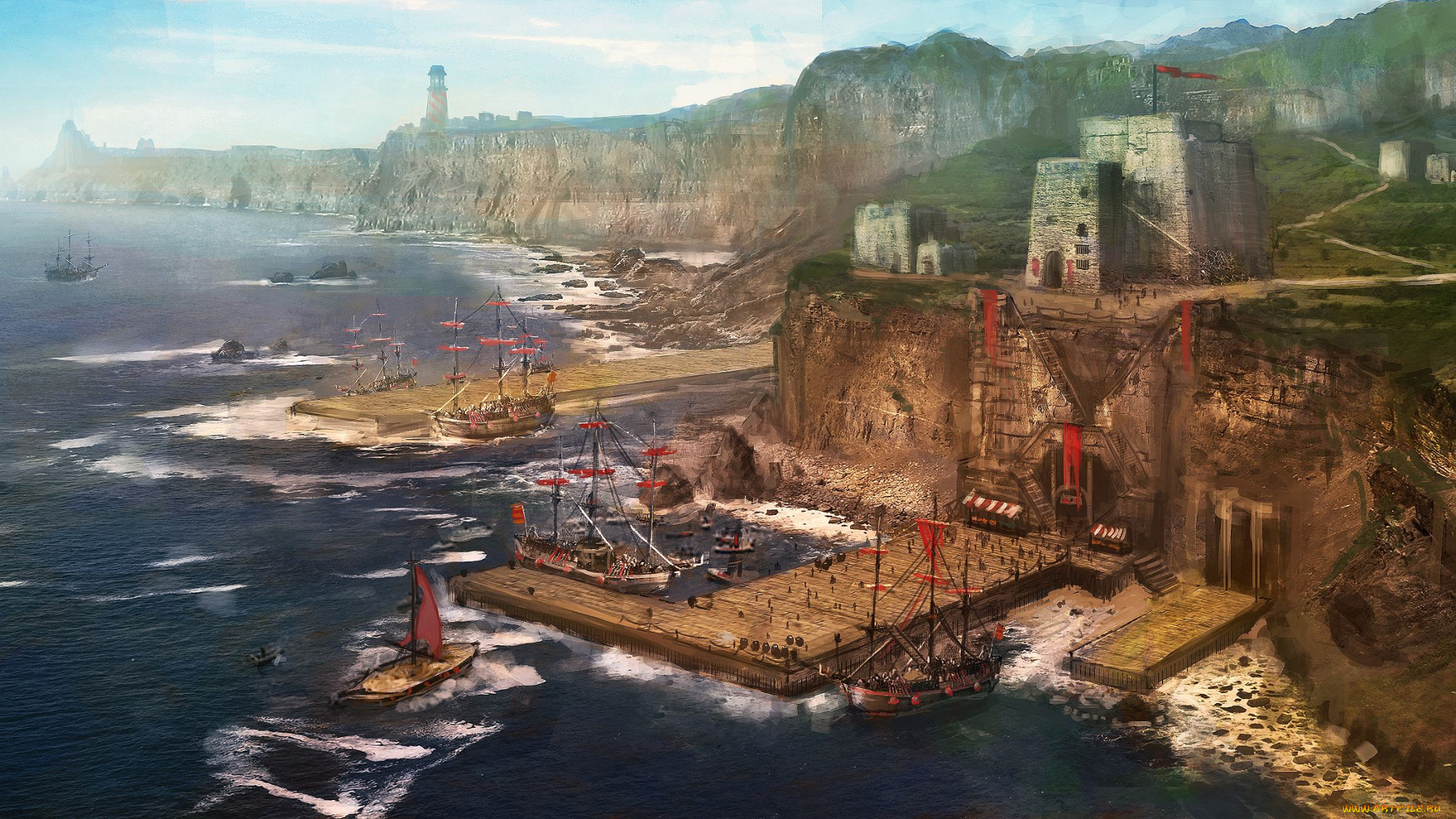 фэнтези, иные, миры, времена, корабли, скалы, море, побережье, пейзаж, порт