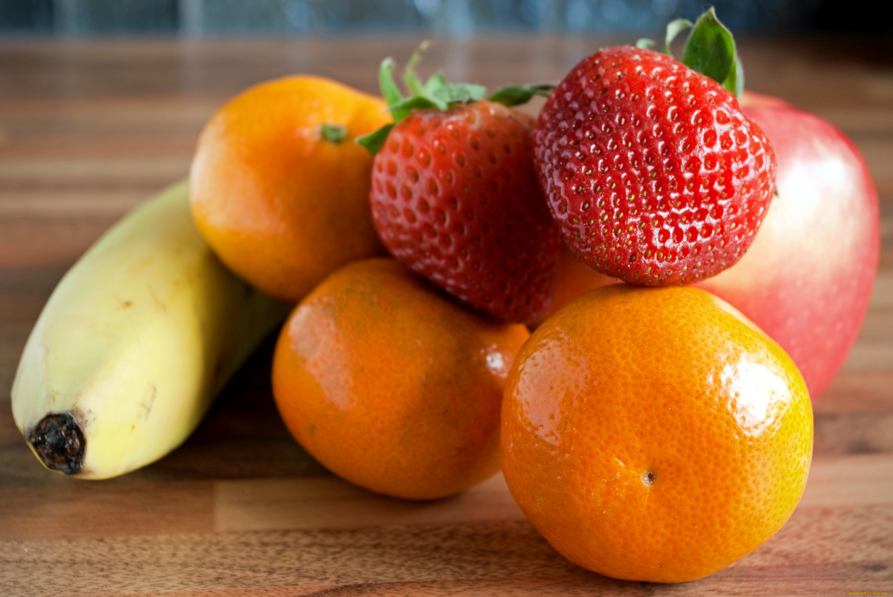 еда, фрукты, ягоды, мандарин, банан, клубника, яблоко