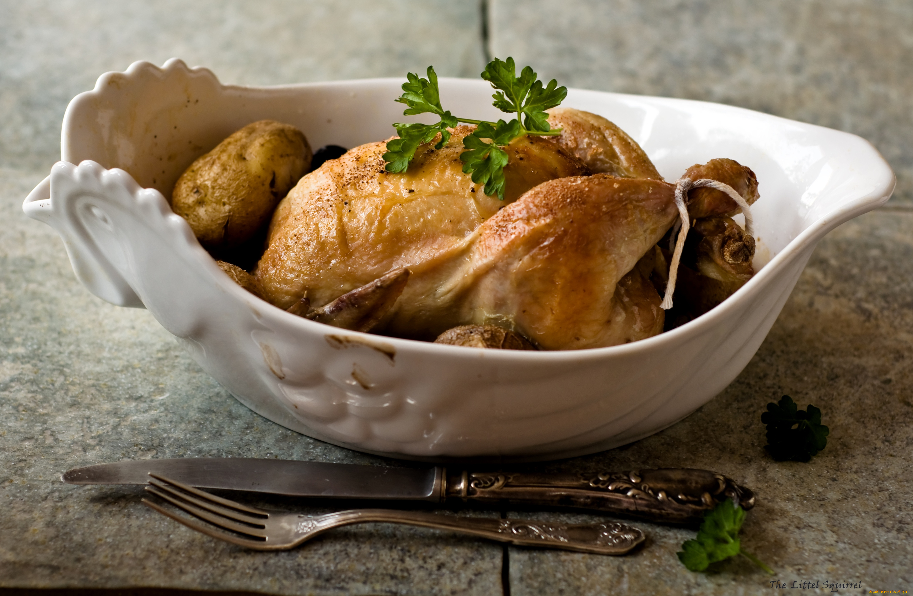 еда, мясные, блюда, курица, петрушка, вилка, нож