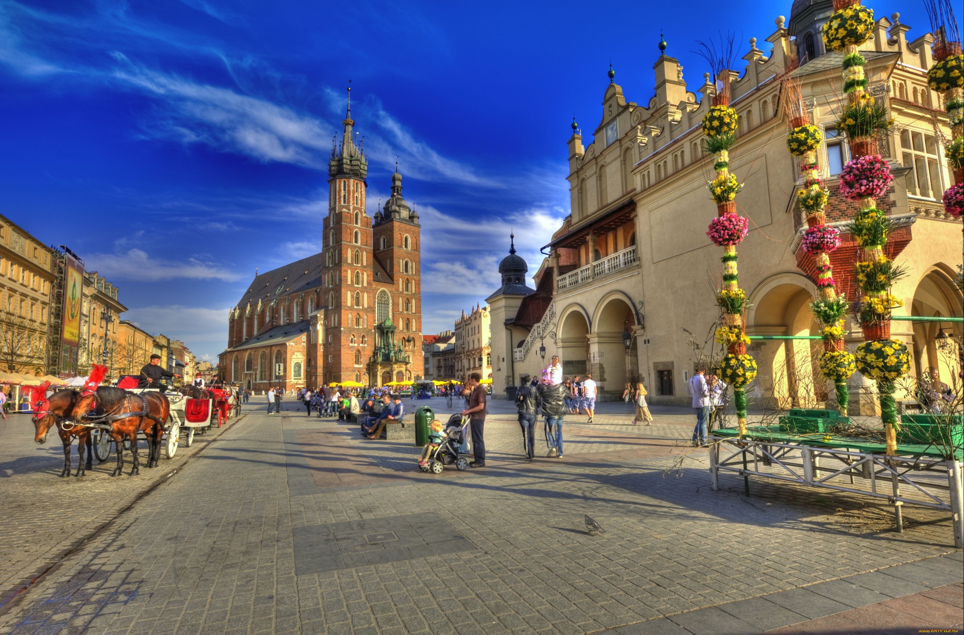 краков, польша, города, улицы, площади, набережные, собор, карета, дома