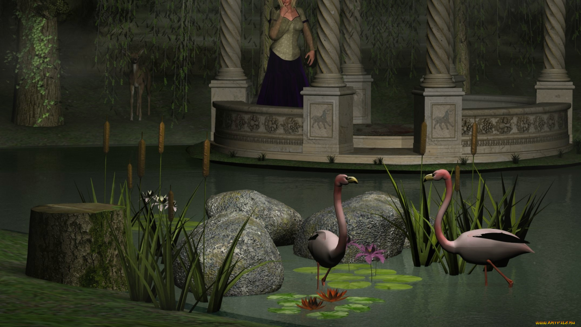 3д, графика, people, люди, девушка, пруд, камыши, фламинго