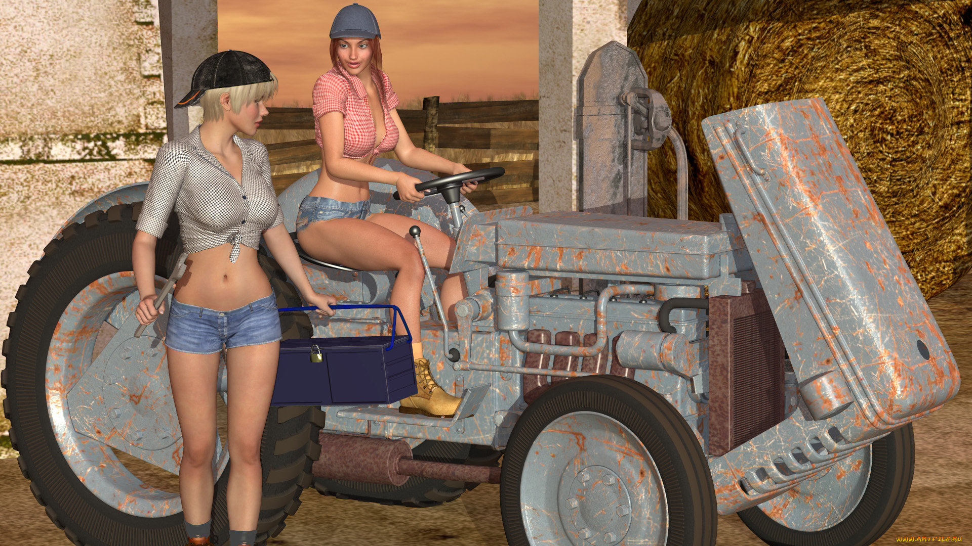 3д, графика, people, люди, трактор, девушки