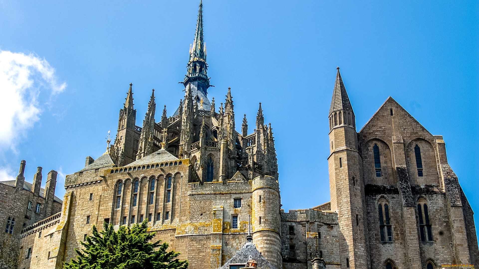 города, крепость, мон, сен, мишель, франция, шпиль, каменный