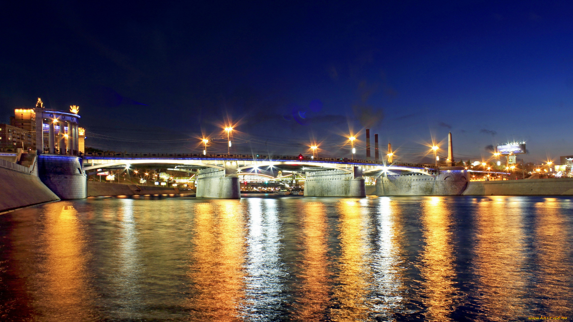 города, москва, россия, дома, река, огни, ночь, мост