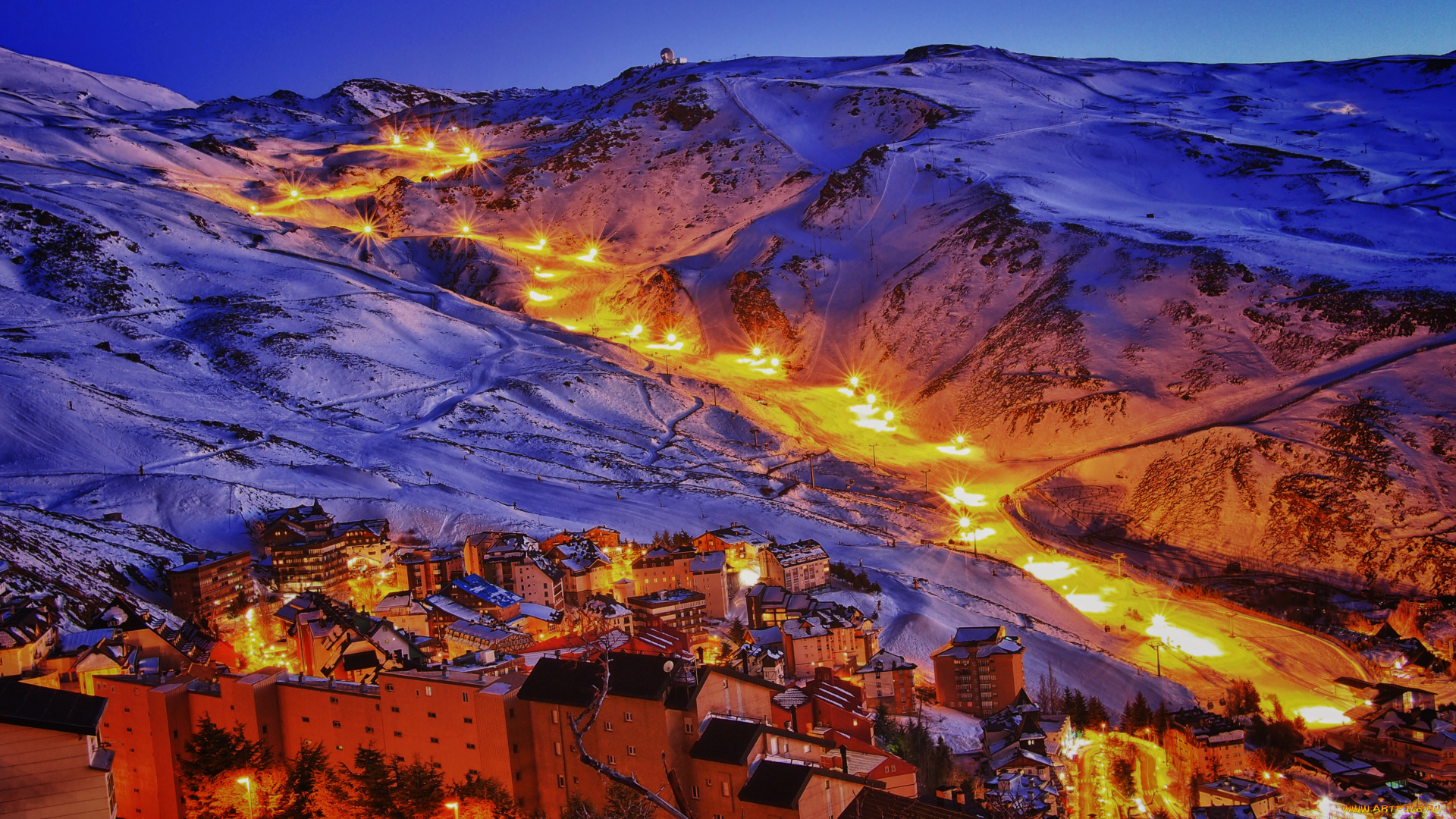 города, огни, ночного, monachil, испания, горы, ночь