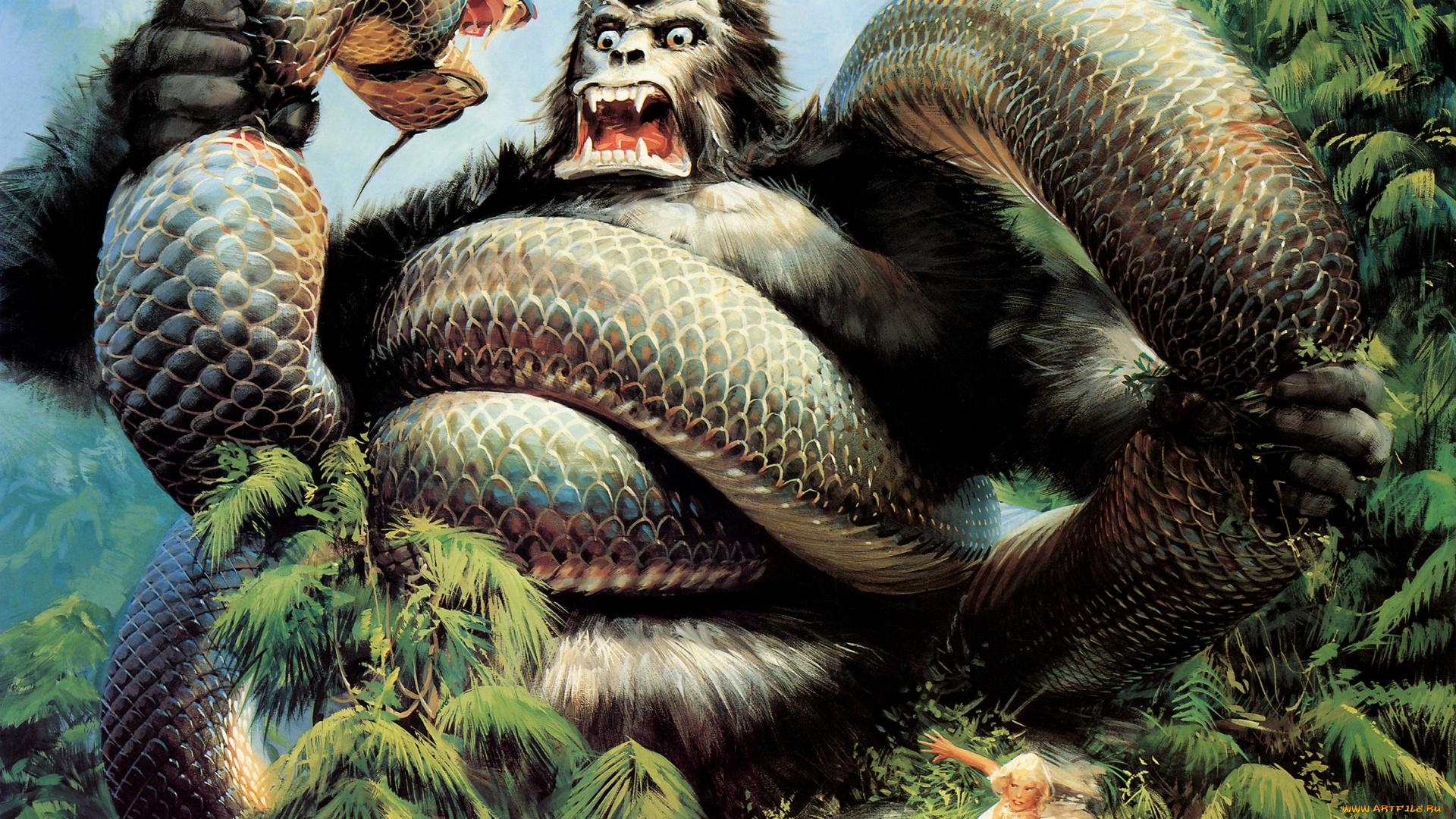 king, kong, рисованные, комиксы, обезьяна, змея, девушка, джунгли