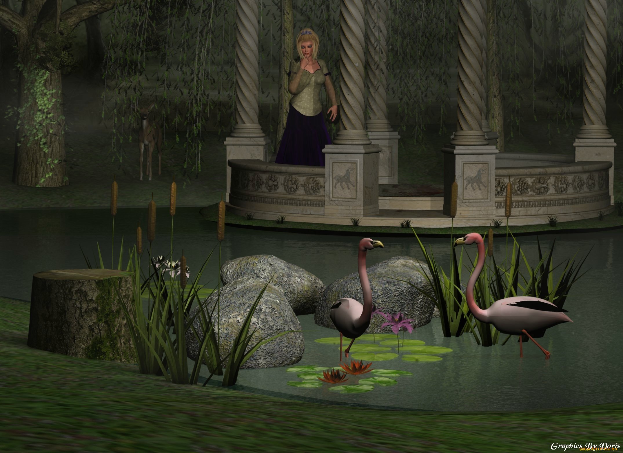 3д, графика, people, люди, девушка, пруд, камыши, фламинго