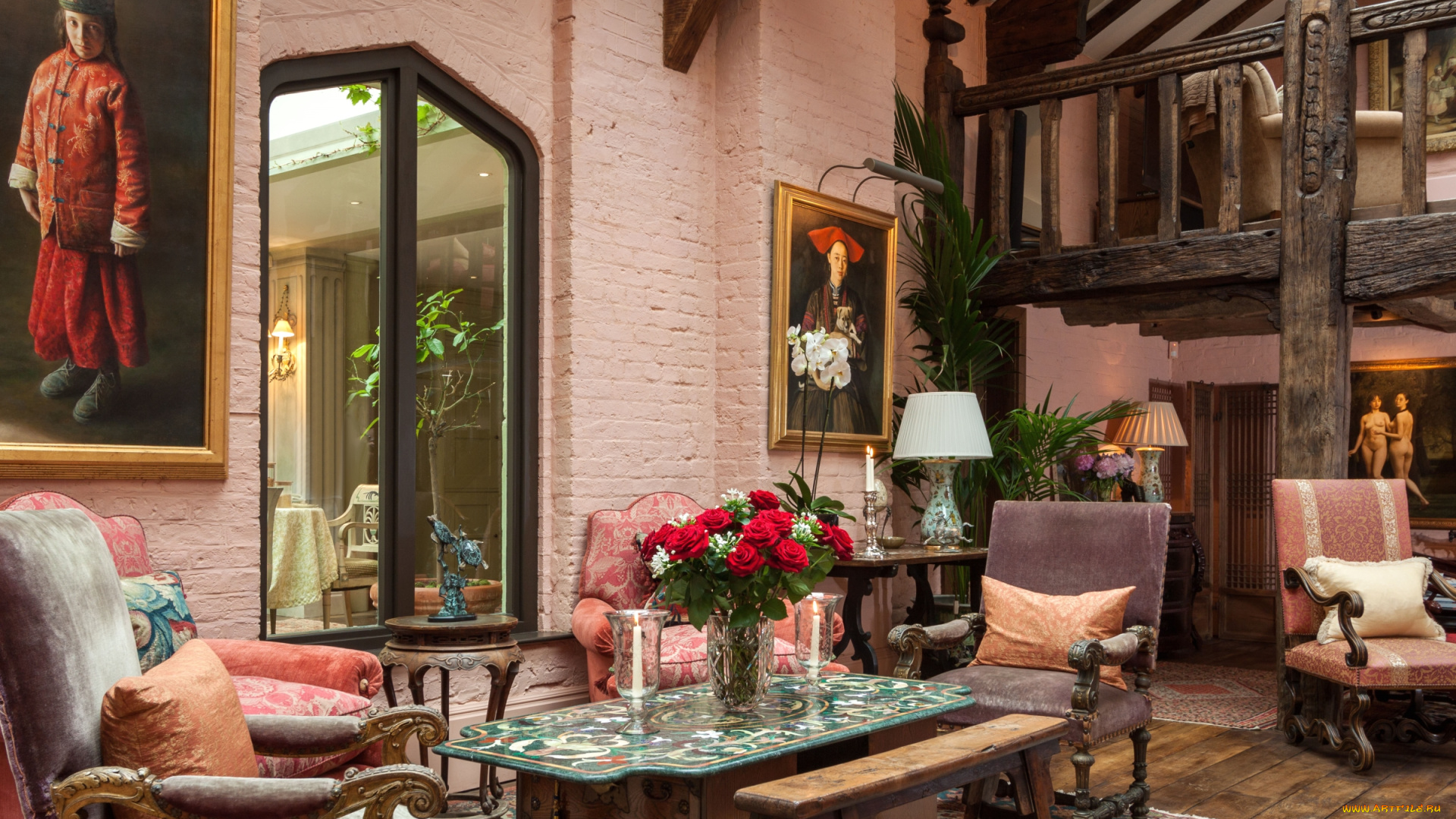 интерьер, гостиная, картины, кресла