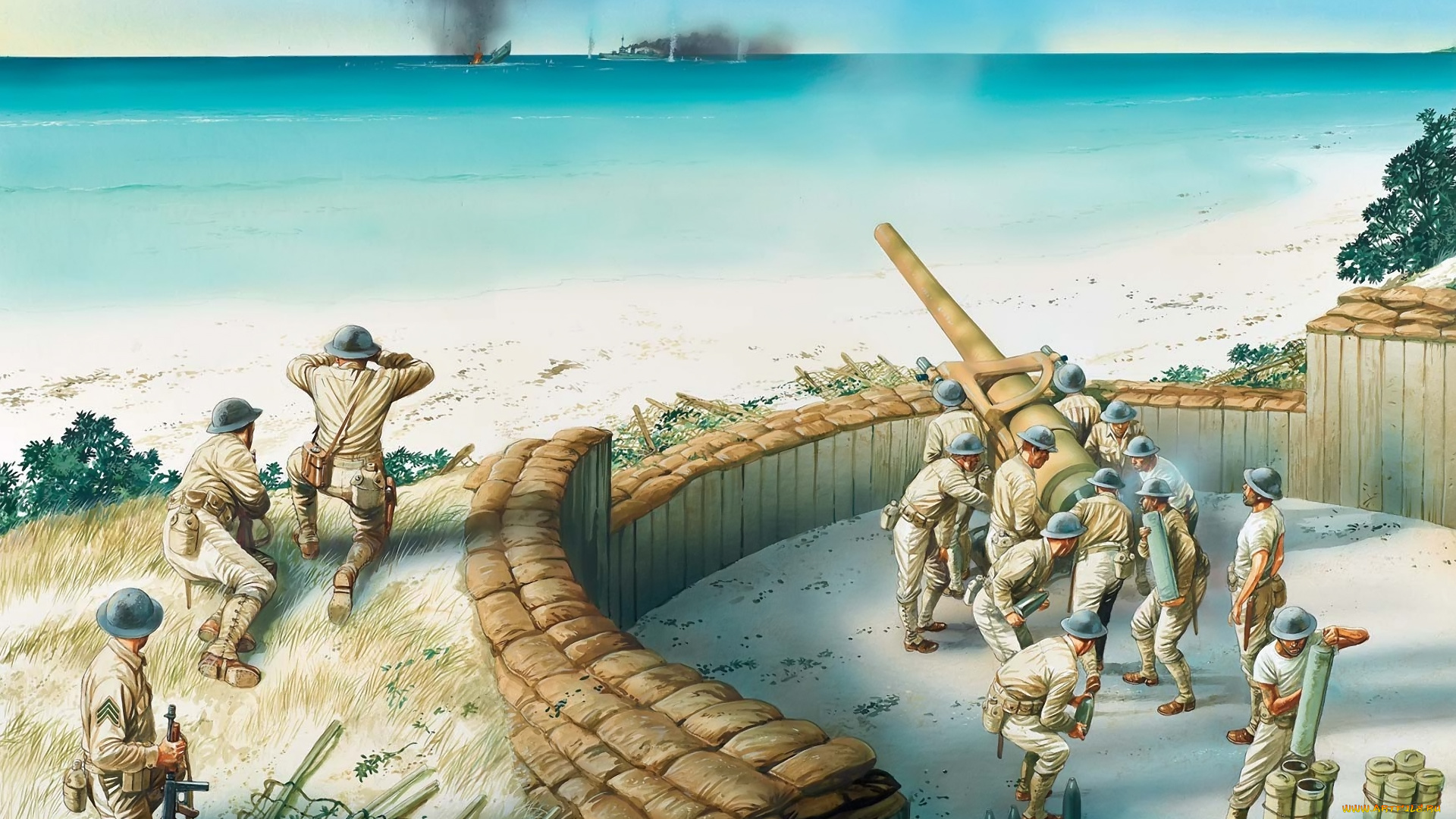 рисованные, армия, корабли, море, пушка, солдаты