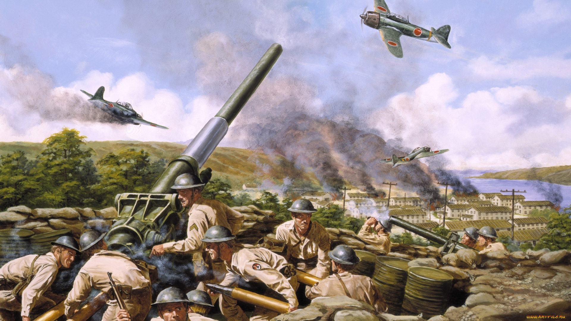 рисованные, армия, пушка, солдаты