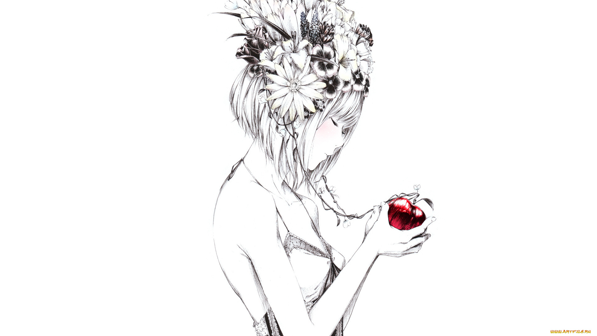 рисованные, люди, девушка, цветы, яблоко