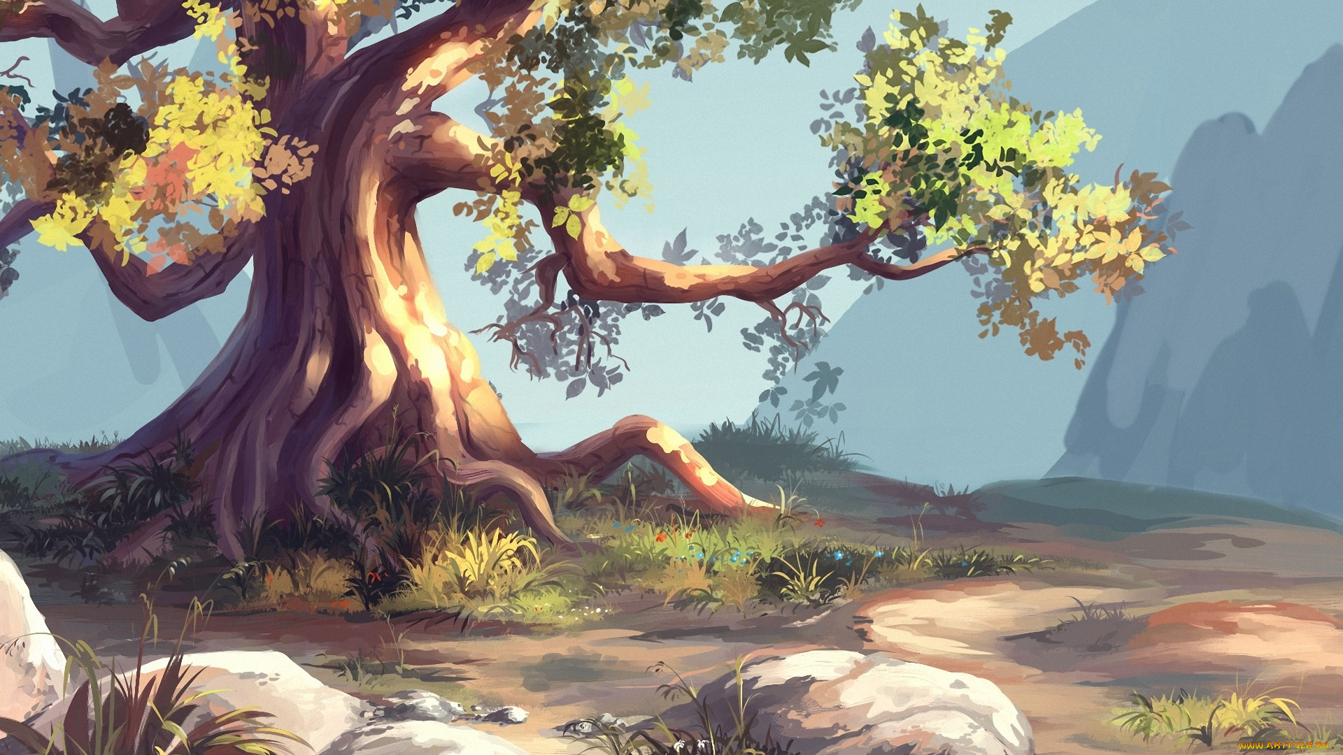 рисованные, природа, дерево, камни, корни, горы