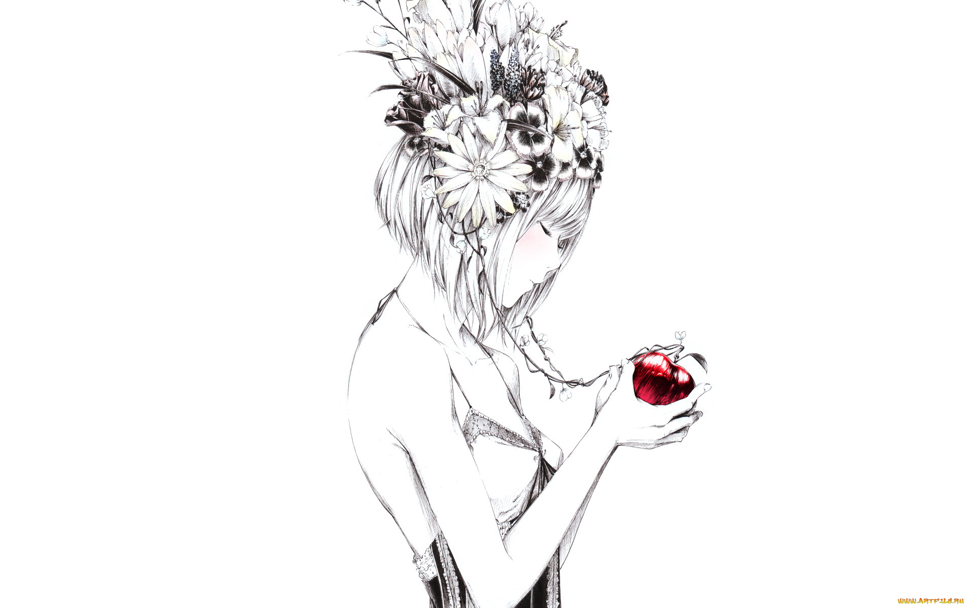 рисованные, люди, девушка, цветы, яблоко