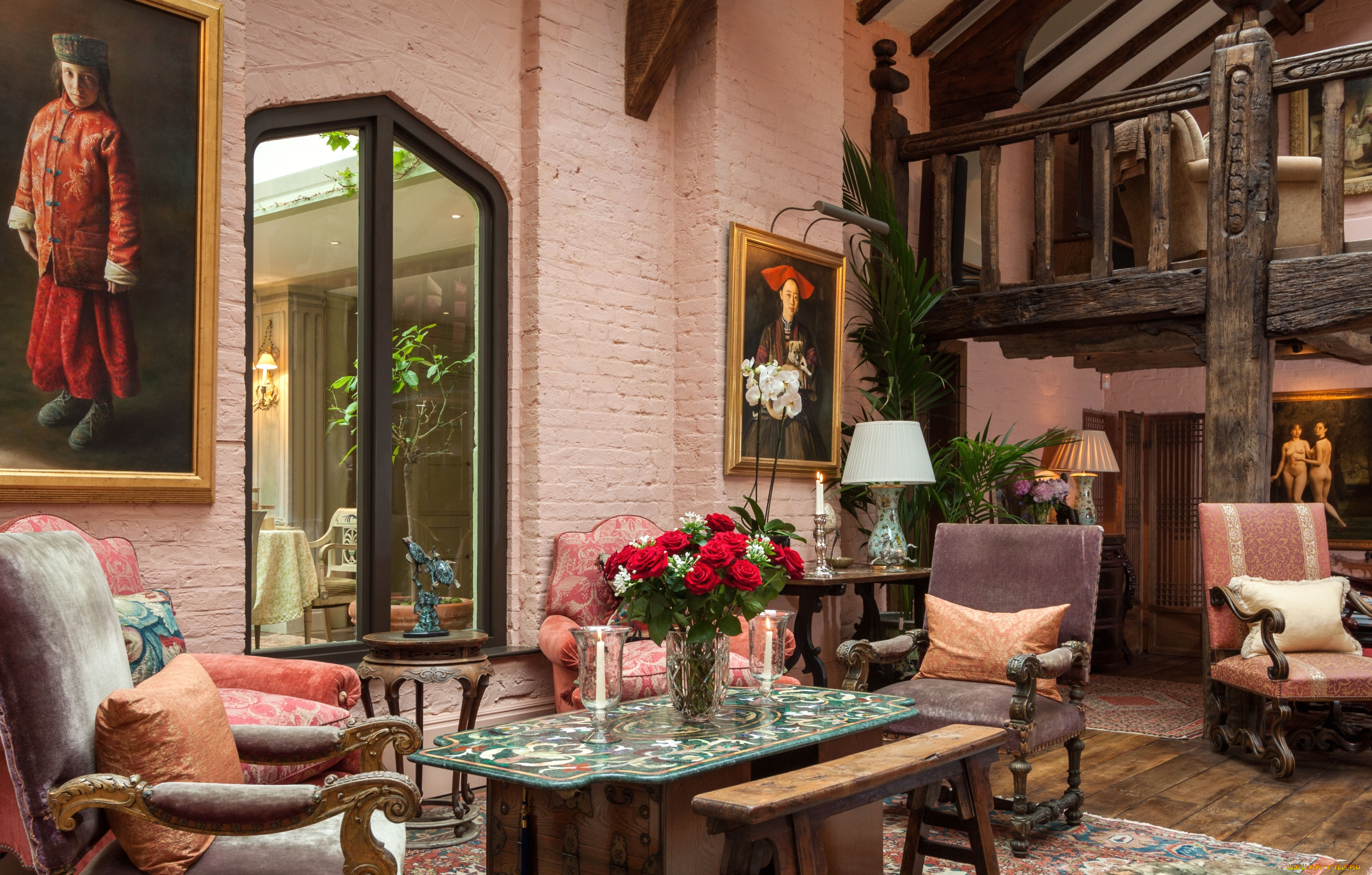 интерьер, гостиная, картины, кресла