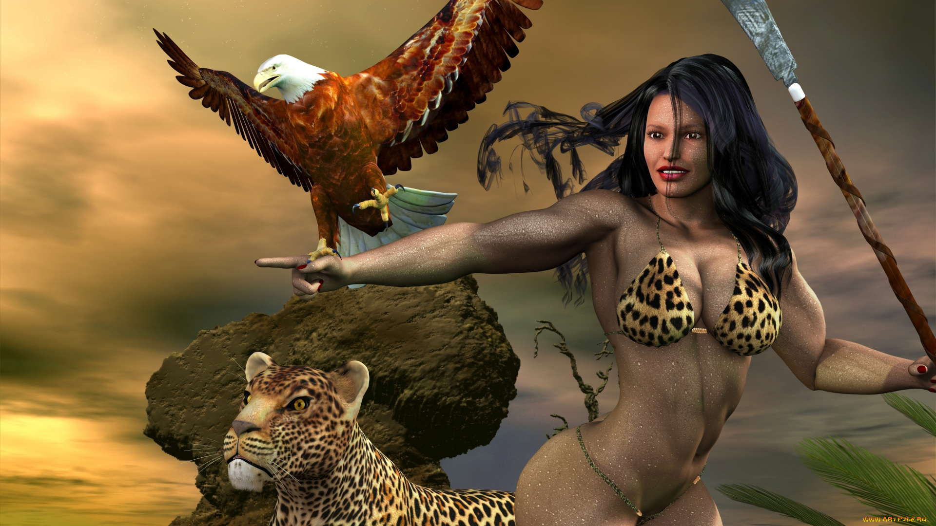 3д, графика, амазонки, , amazon, орел, леопард, фон, взгляд, девушка