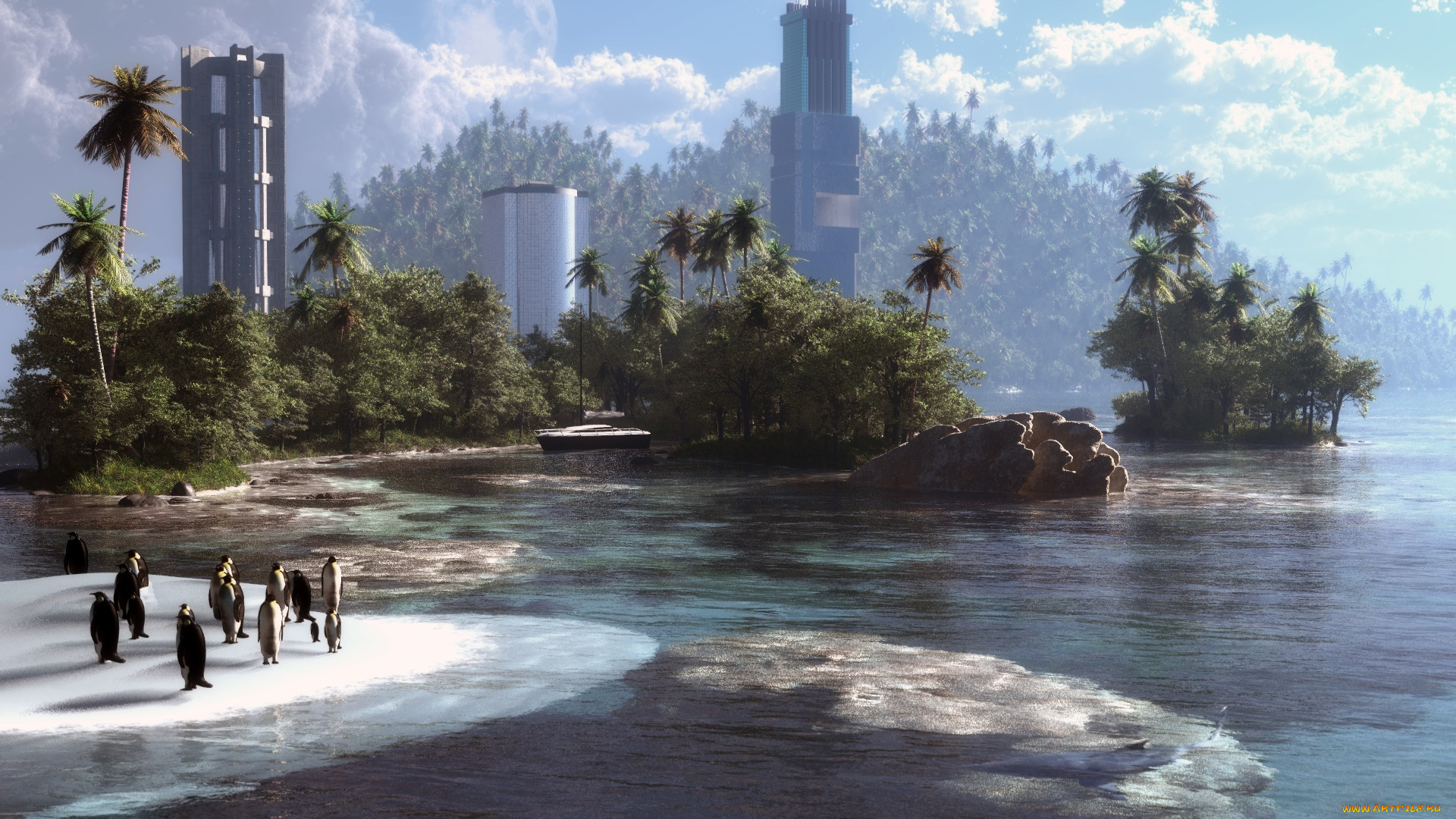 3д, графика, другое, , other, вершина, пингвины, дома, лед, лес, облака