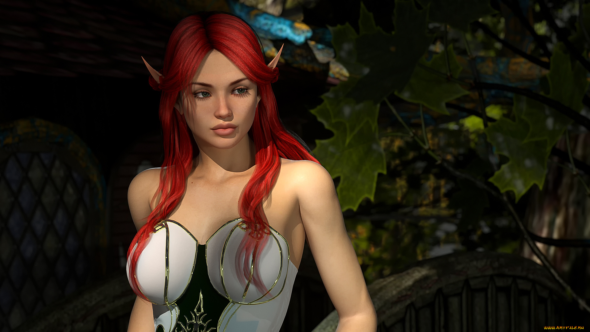 3д, графика, эльфы, , elves, рыжая, фон, взгляд, эльфийка