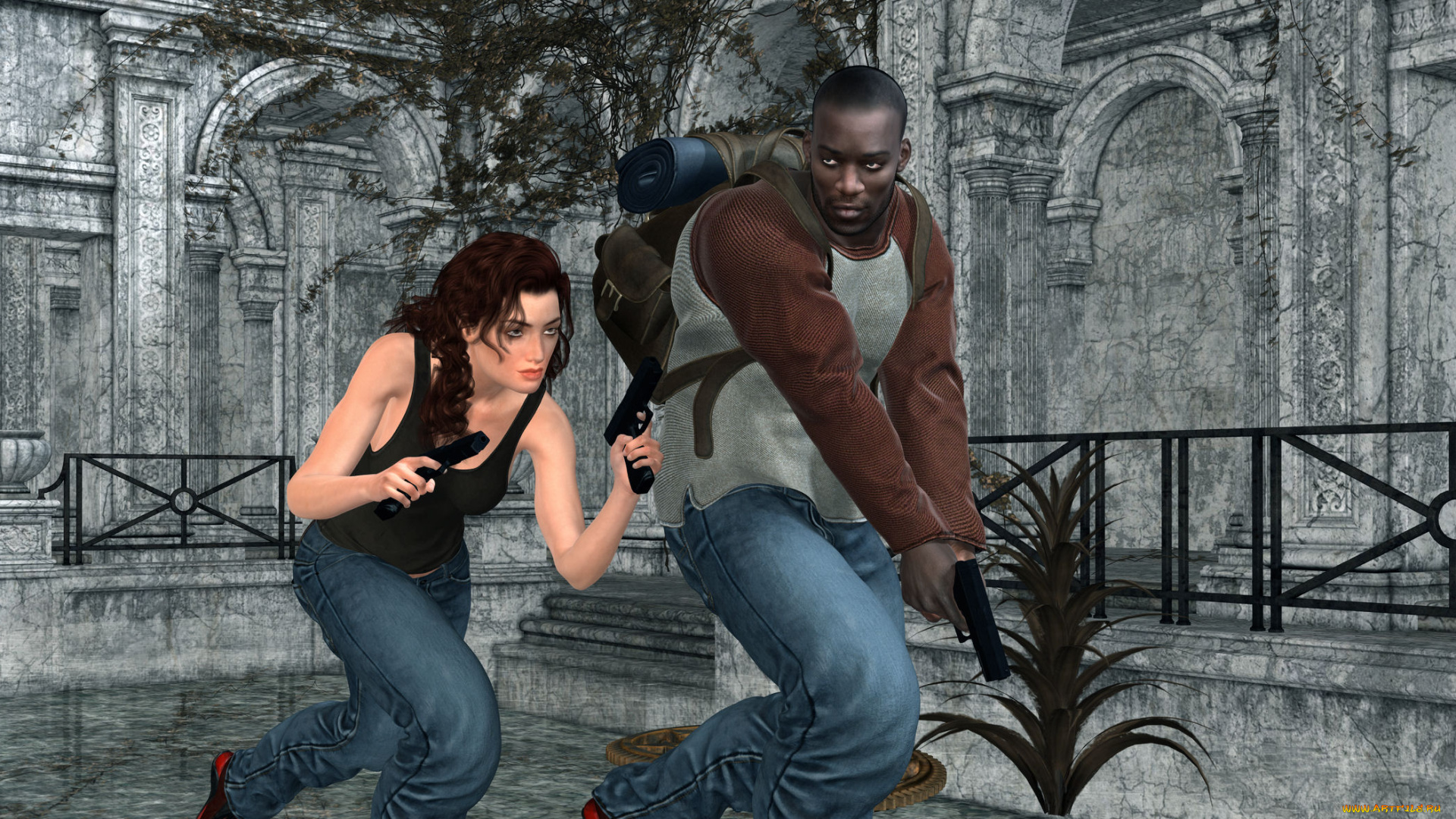 3д, графика, фантазия, , fantasy, девушка, взгляд, фон, парень, оружие